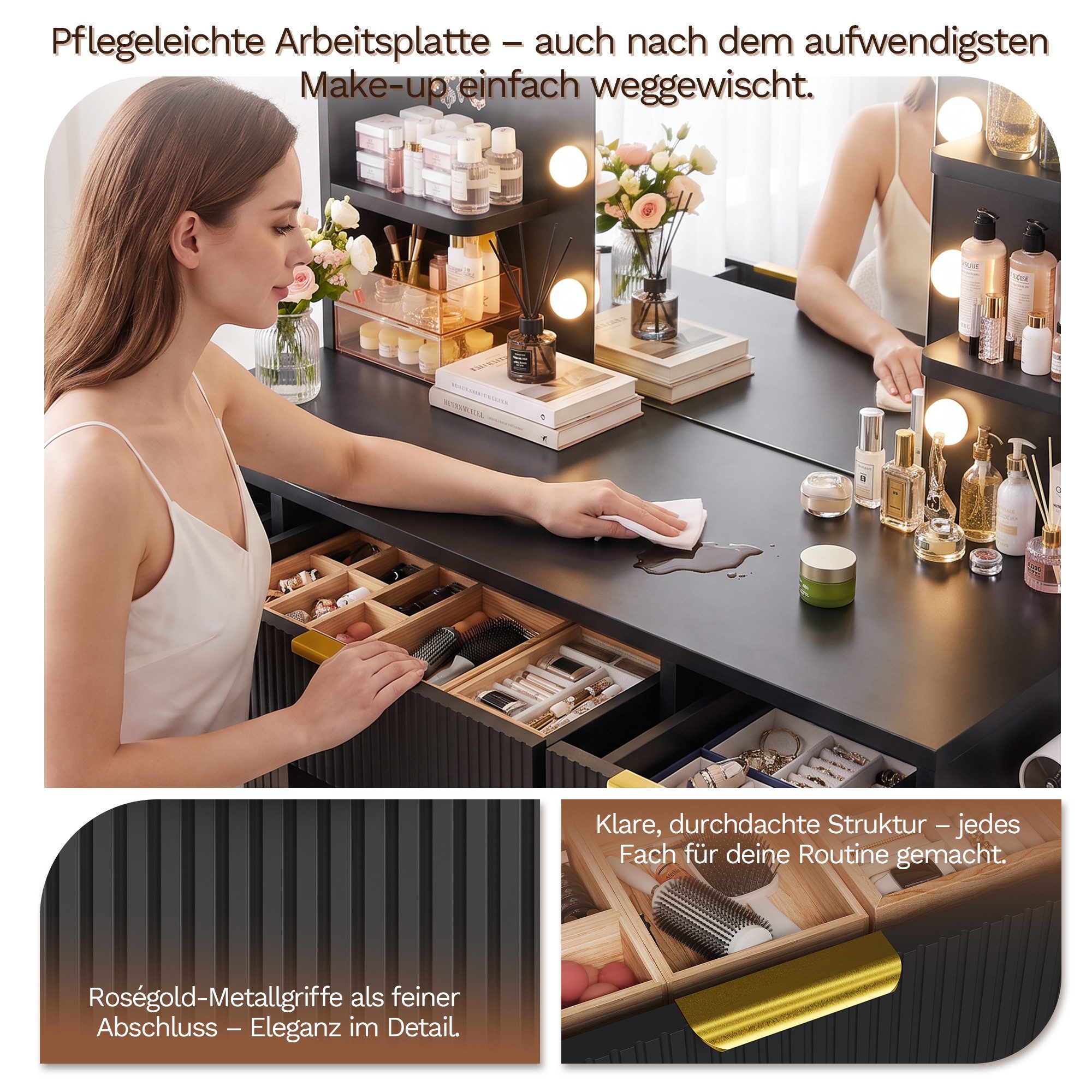 HOMALL Schminktisch LED-Beleuchtung, optional als Set mit Hocker erhältlich (Maße: 108 × 40 × 137 cm, 6 offene Ablagefächer, mit Schmuckhaken, 9 Schubladen, aus – Bild 5 von 5