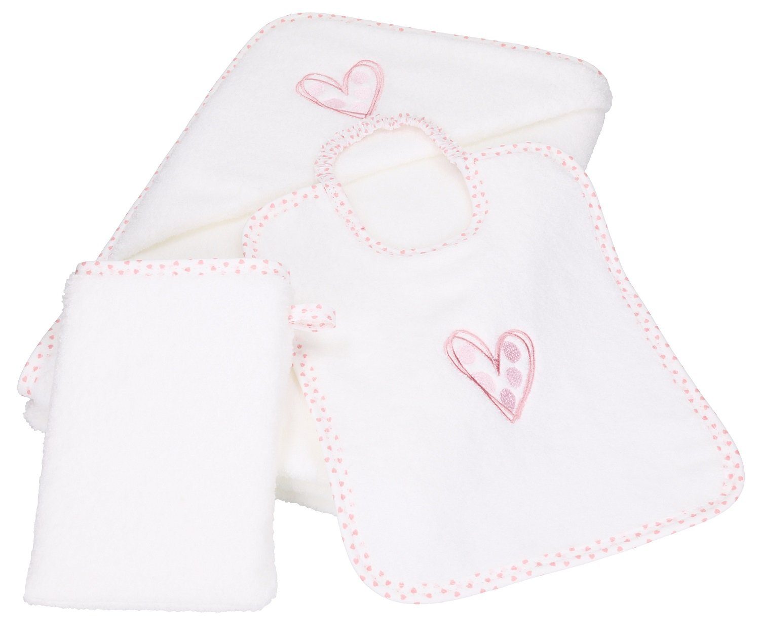 Betz Kapuzenhandtuch 3tlg. Babyset Herzchen 1 Kinderbadetuch 1 Lätzchen 1 Waschhandschuh, 100% Baumwolle weiß-rosé