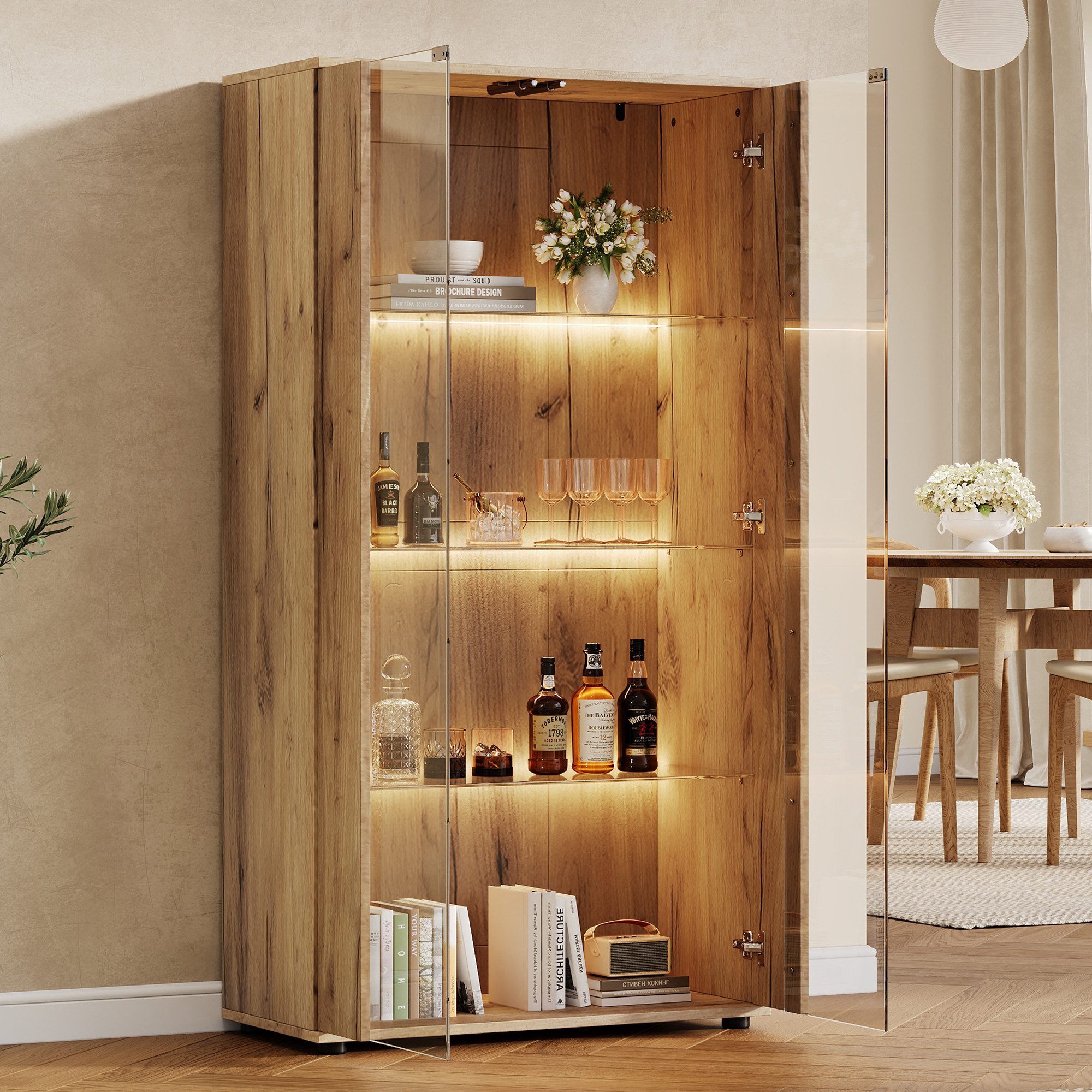 i@home Glasvitrine mit LED Beleuchtung und Glastüren, Moderner Vitrinenschrank 4-Lagen Glasvitrine Vitrinenschrank,Weiß, 80×36×150cm, modernes Design