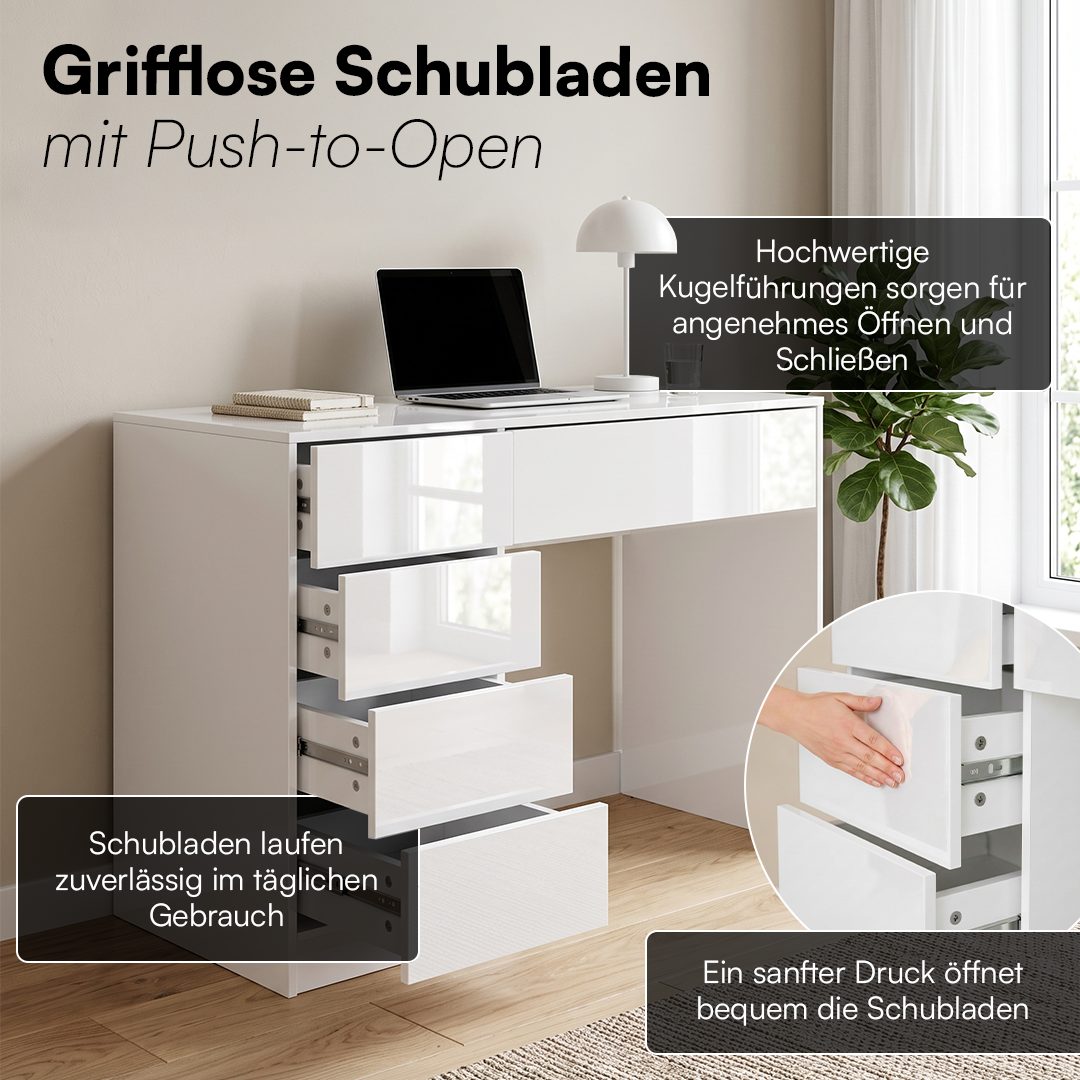 Bellamio Schreibtisch Livny mit 5 Schubladen, beidseitig montierbar (Push-to-Open, weiß), 80x53x110 cm