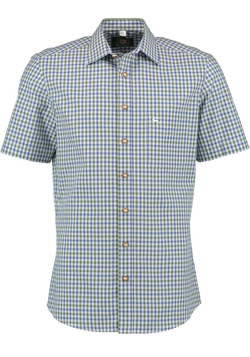 OS-Trachten Trachtenhemd Ipuve Kurzarmhemd mit Hirsch-Stickerei auf der Brusttasche mittelblau