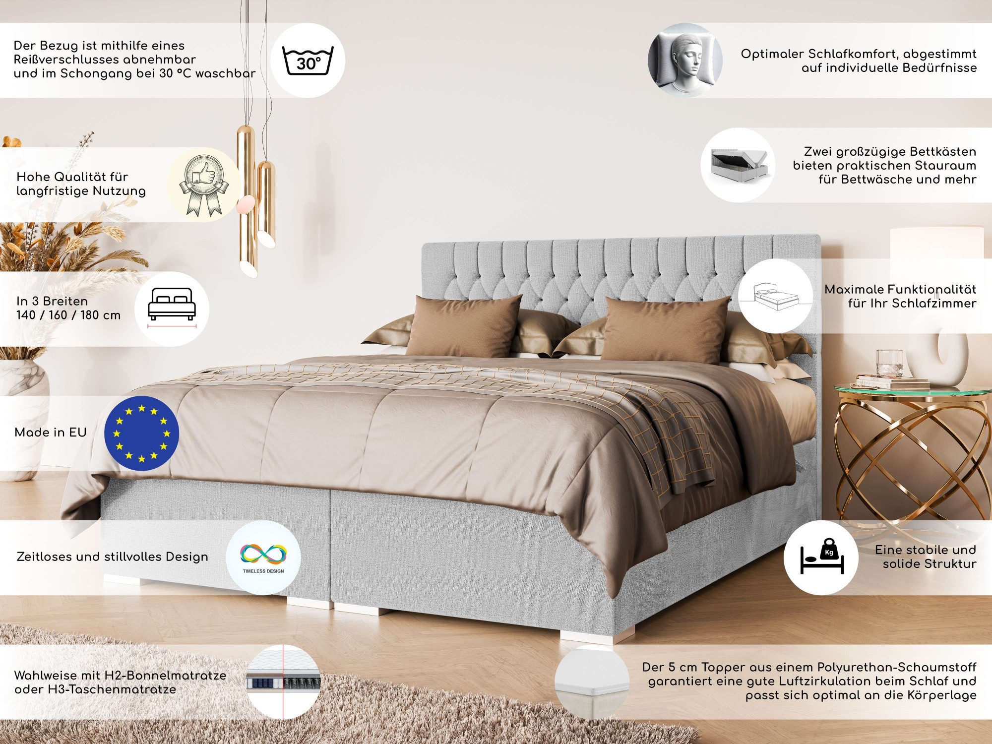 Home affaire Bett ALIY mit Matratze und Topper, in 3 Breiten (140, 160 und 180 cm), Boxspringbett mit Kopfteil, Bettkasten, Matratze (BFK/TFK) und Topper