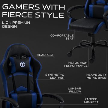 TITANO Gaming-Stuhl LION (Ergonomischer Gaming Chair mit verstellbarer Höhe, Kopfstütze, Lenden- & Memory-Foam-Kopfkissen und Armlehnen. Racing PC Stuhl, Bis 150kg Belastbar)