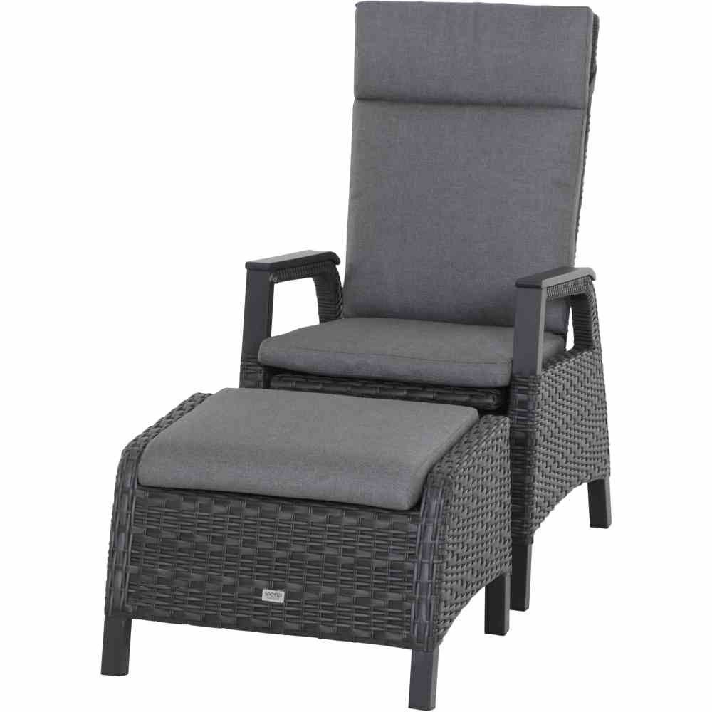 Siena Garden Loungesessel SOLEA mit Fussteil (2-St), stufenlos verstellbar, Aluminium + Polyrattan dunkelgrau