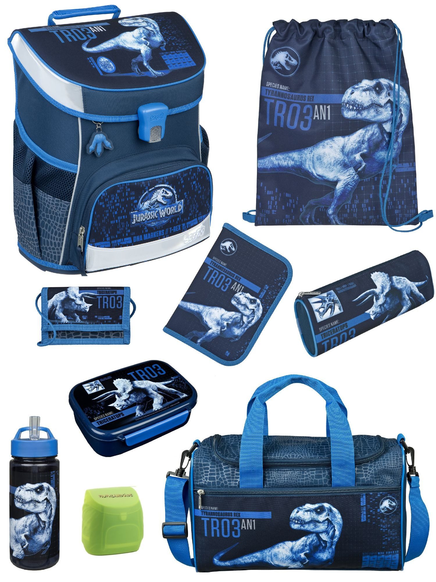 Scooli Schulranzen Campus Fit Jurassic World, T-Rex Dino, dunkelblau, ab 1. Klasse (Erweitertes Set, 9-tlg., mit Lunch-Set und Sporttasche), kompakt, leicht, robust