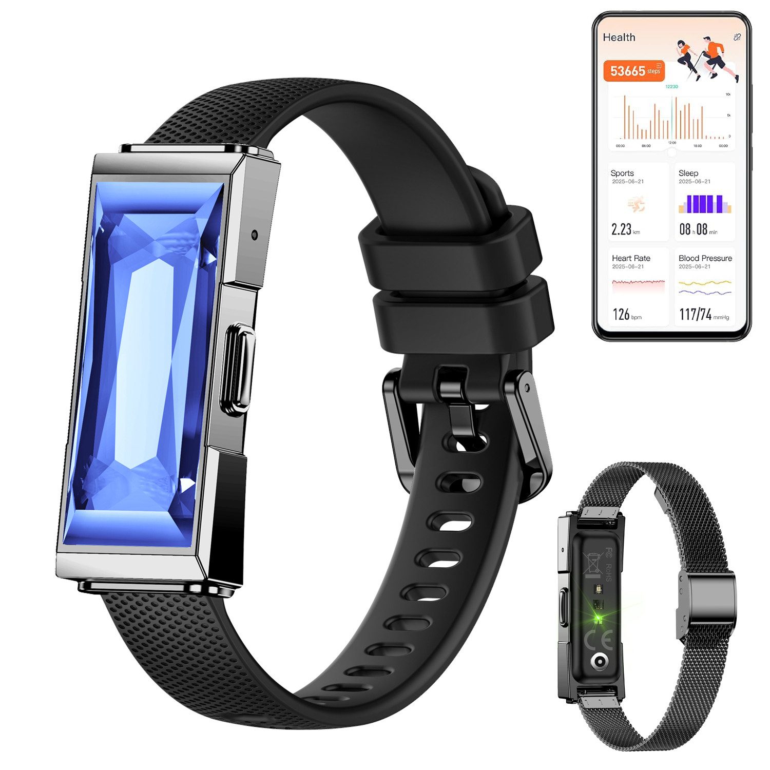 Fanttik Fitness Tracker Uhr für Damen Herren,Smart Armband Smartwatch (47 cm) Smart-Armband,Schrittzähler/Blutsauerstoff/HRV/Schlaf-Tracker, Modisches Edelstein-Armband mit Nachrichten-/Anruferinnerung