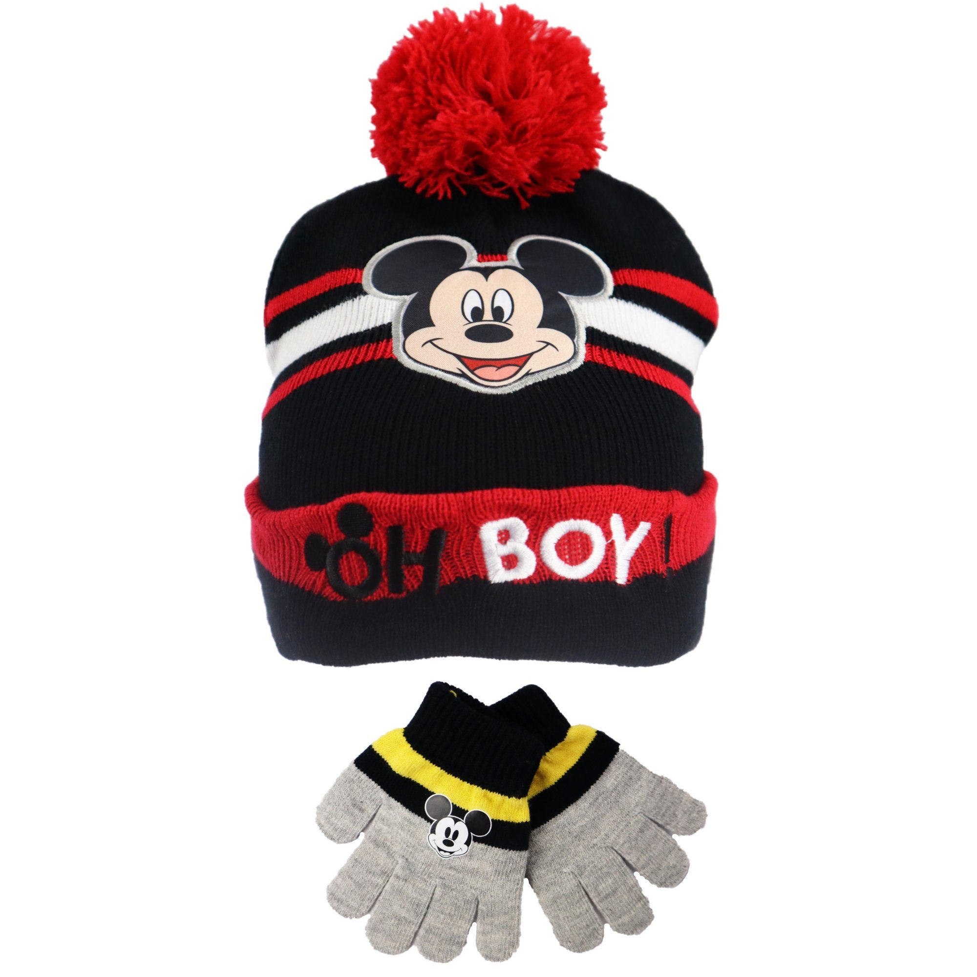 Disney Bommelmütze Disney Mickey Maus Kinder 2tlg Winter Set (2-St) Herbst Wintermütze plus Handschuhe 52 54