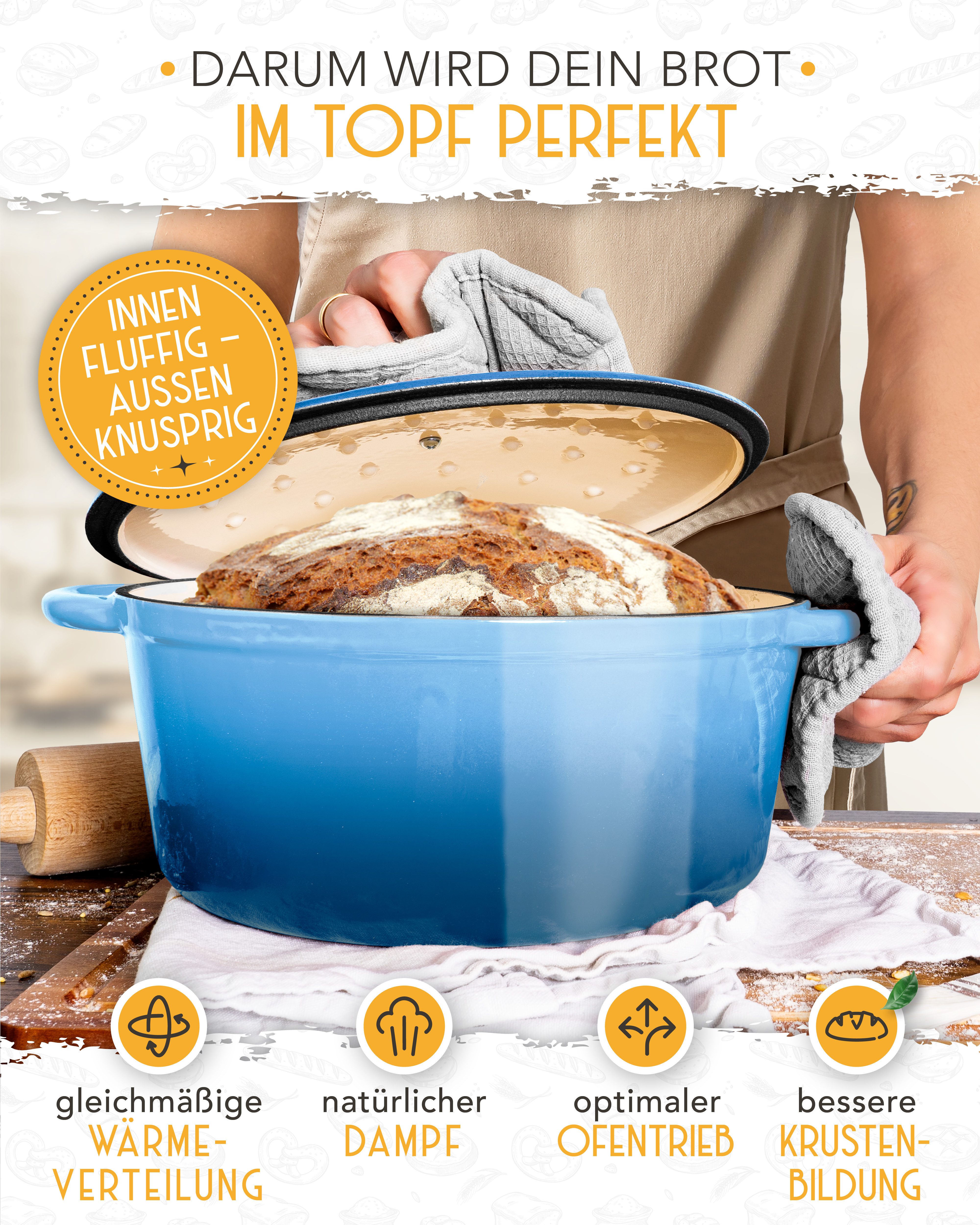 Krustenzauber Kasserolle Gusseisen Topf als Kochtopf, Schmortopf oder Brotbackform – Bild 5 von 5