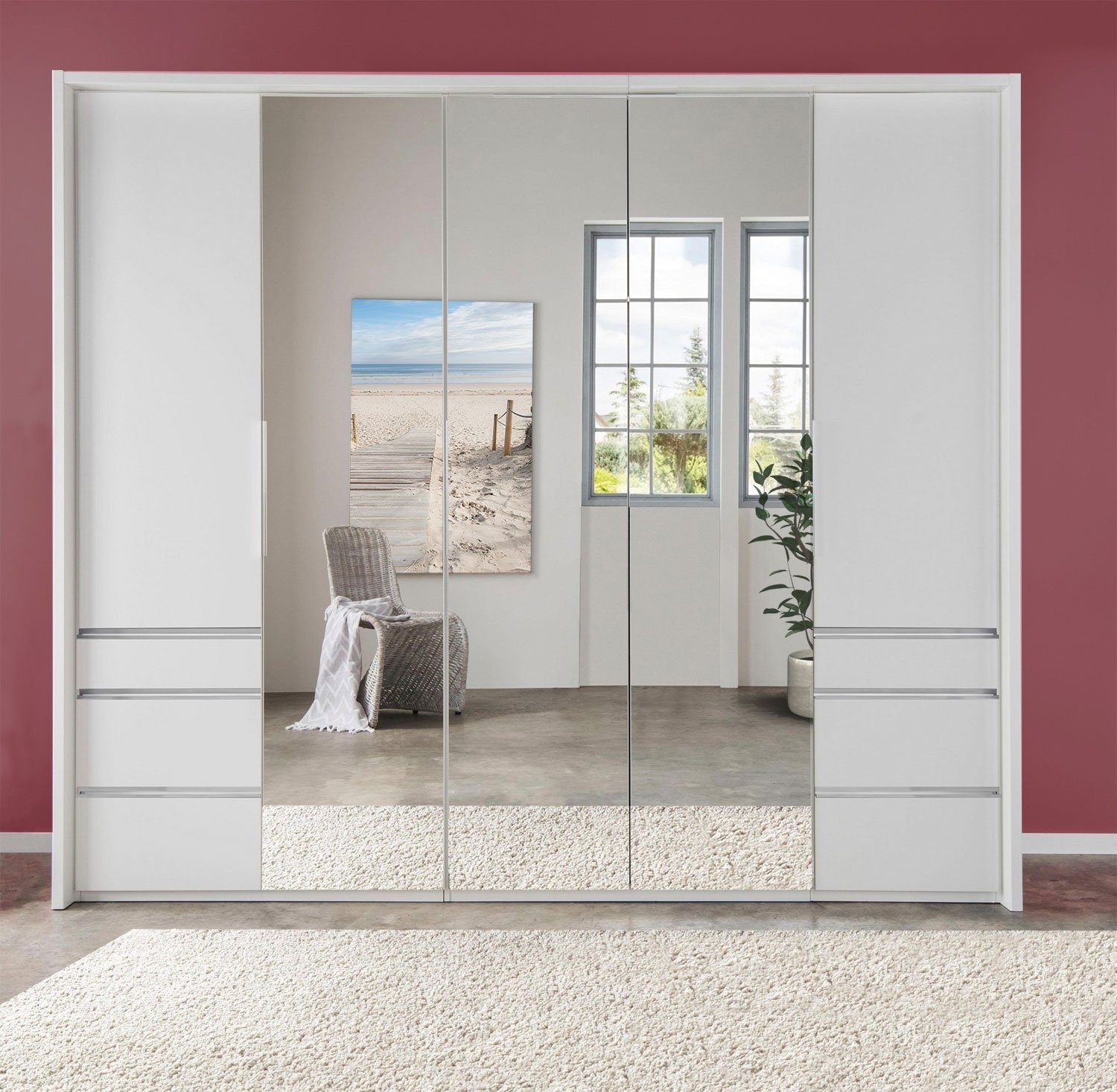 Wimex Drehtürenschrank Everly (mit Falttüren, Einlegeböden, Kleiderstangen, Schubladen, 1-St., moderne Optik, mit Spiegel, Griffe aus Metall) 250x56x216cm mit Falttür und Schubladen weiß
