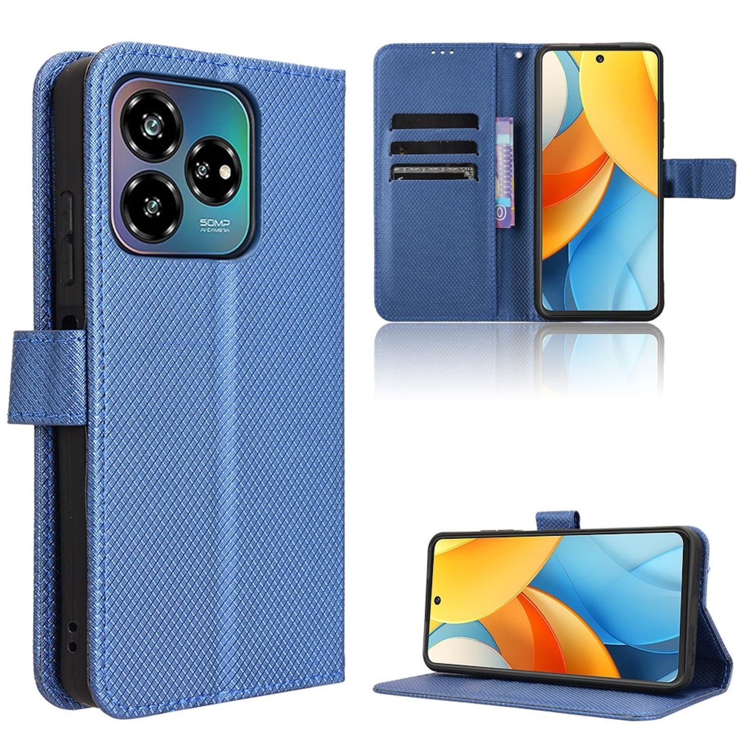 Wigento Smartphone-Hülle Für ZTE Blade V60 Vita / Axon 60 Lite Design Kunst Leder Hülle Blau, Diamantstruktur PU-Lederhülle mit Kartenfächern und Standfunktion