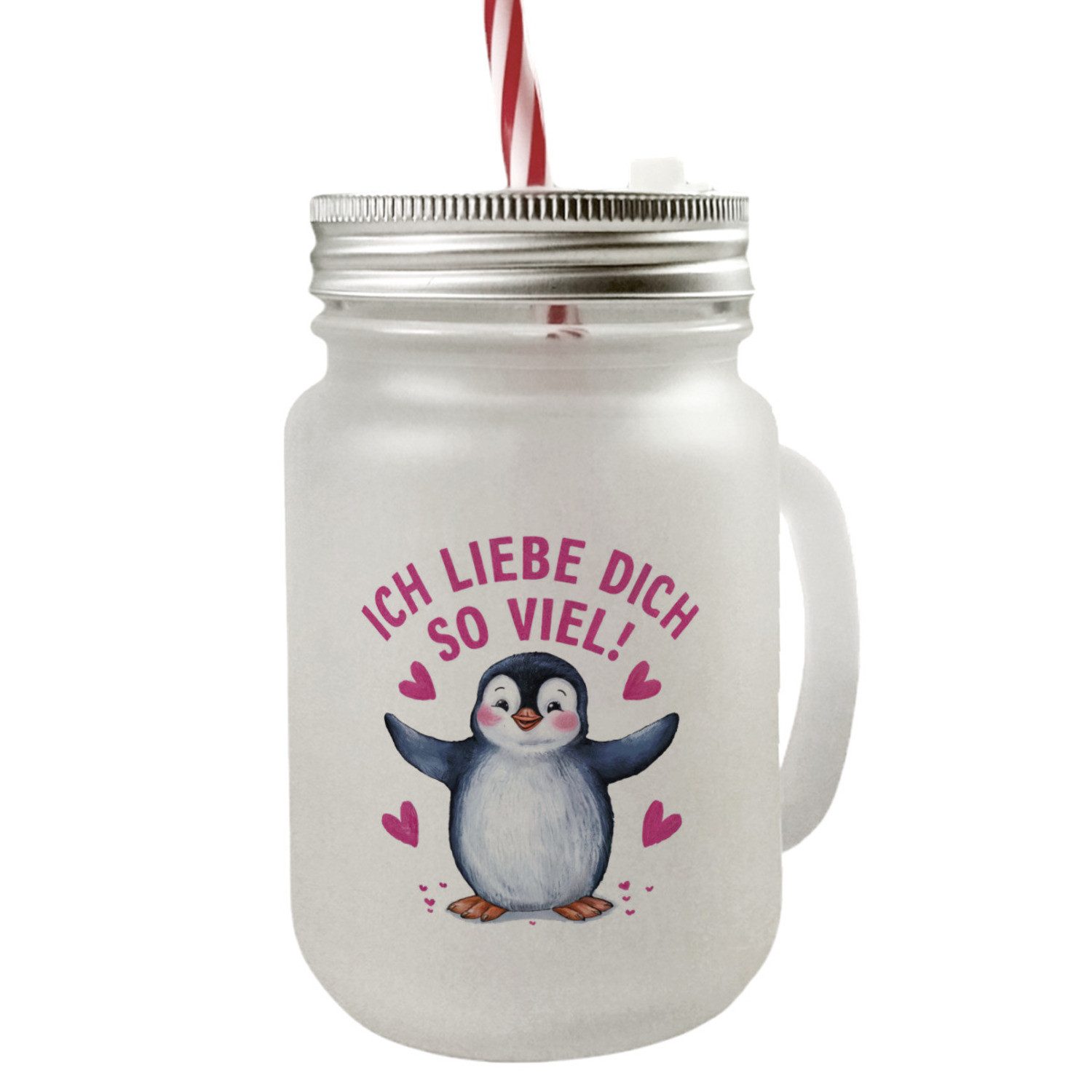 Glas Pinguin ICH LIEBE DICH Mason Jar Henkel Trinkglas mit Deckel für