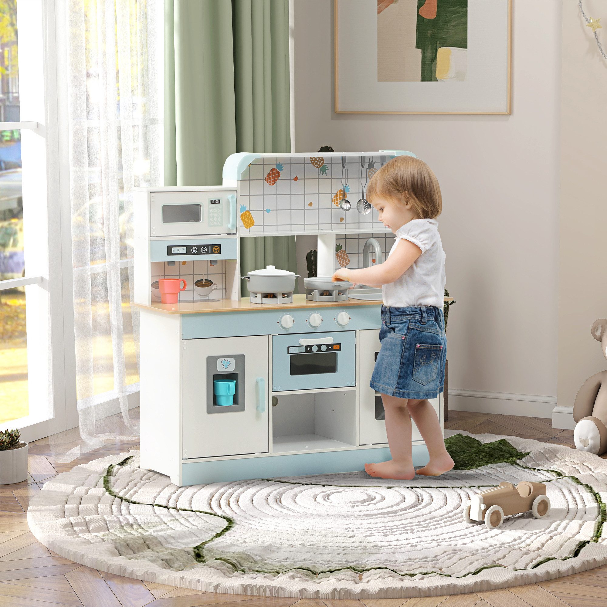 AIYAPLAY Spielküche Kinderküche mit Lichtern, Geräuschen, Küchenzubehör MDF, Edelstahl, für 3+ Jahre Kinder, Weiß