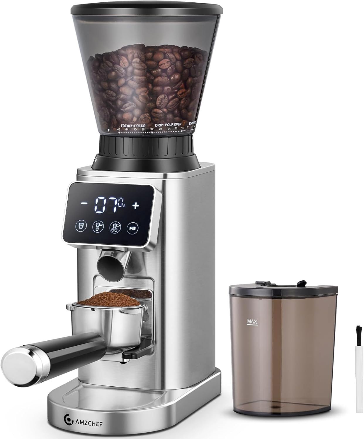 AMZCHEF Kaffeemühle CG20OT9-SV, 160 W, 300 g Bohnenbehälter, Kaffeemühle Siebträger Elektrisch mit 24 Mahlgrad Einstellbar