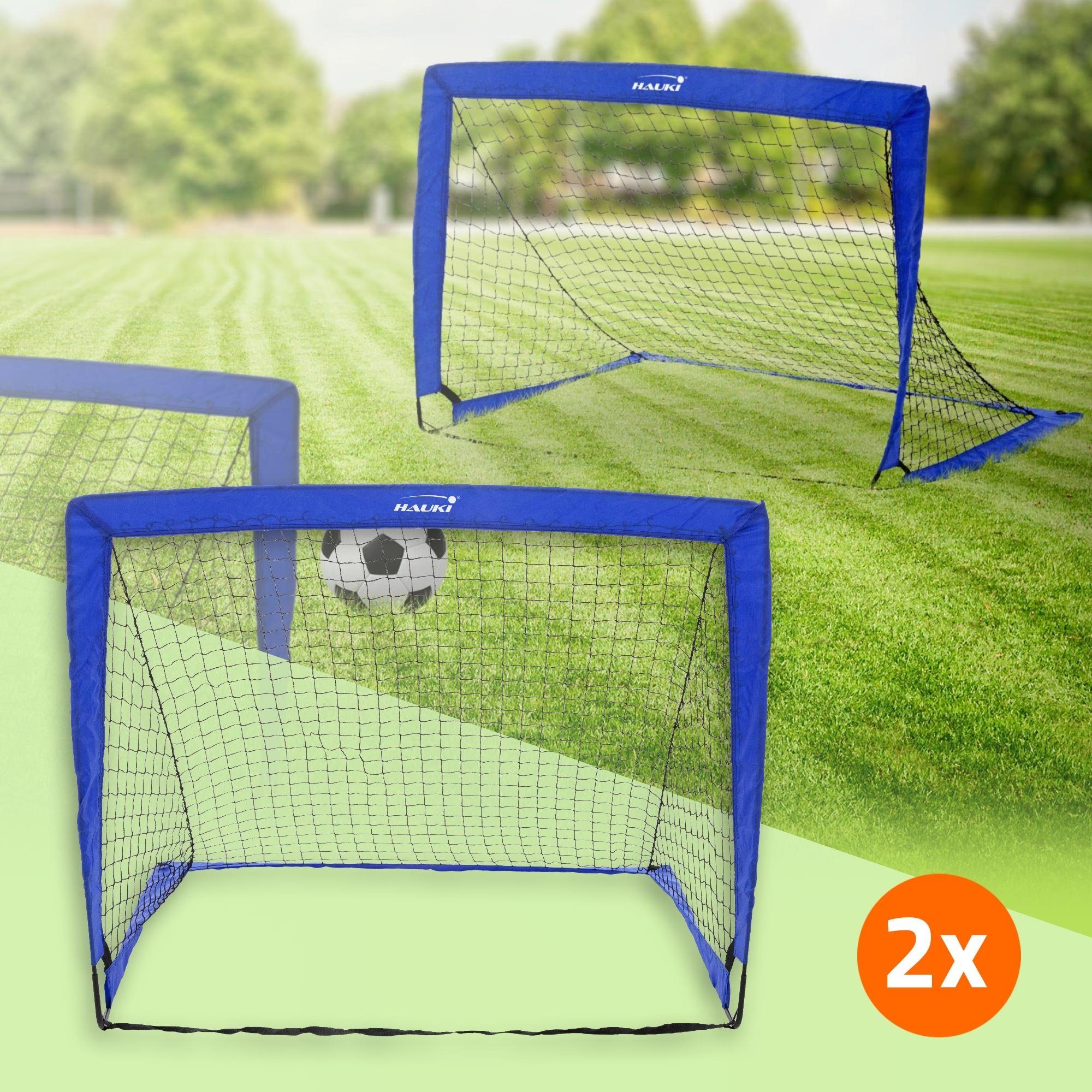 Hauki Fußballtor Training Fußballnetz Pop Up Tore (2er Set), 2er Set 120x95x97cm Blau Klappbar für den Garten & Park mit Tasche