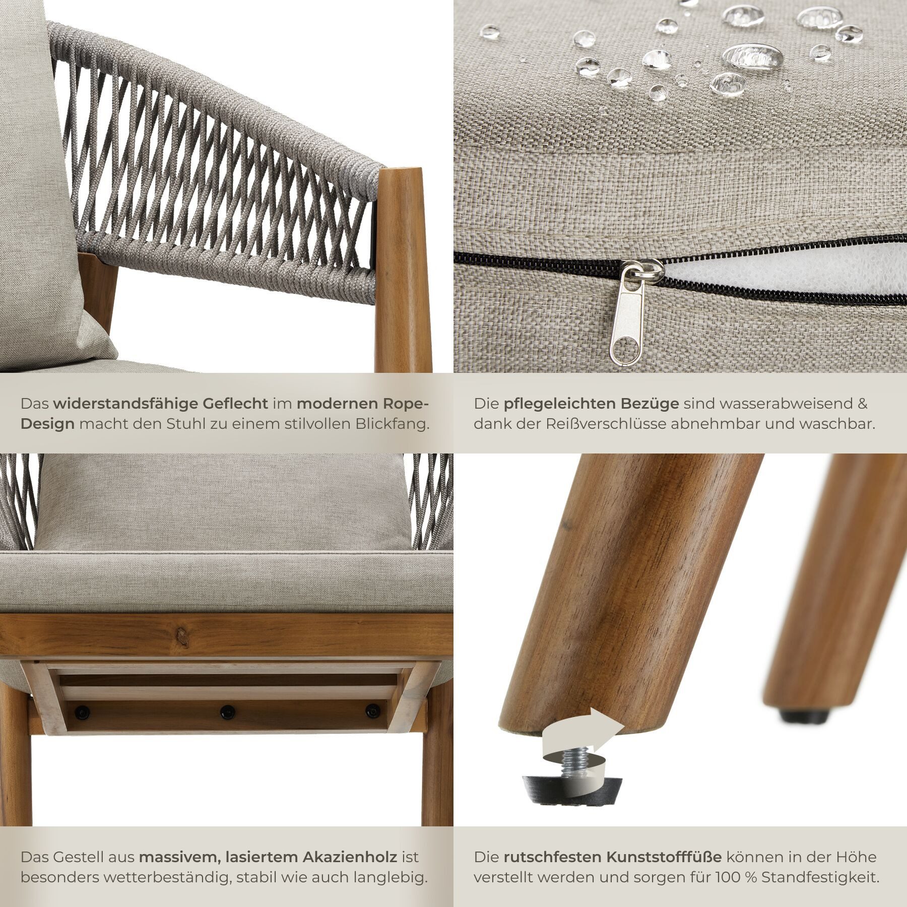 tectake Gartenstuhl Outdoor-Sessel aus Akazienholz, wetterfest, Rope-Design (Outdoor Stuhl Manacor, 2 St), höhenverstellbare Kunststofffüße, Belastbarkeit bis 1 – Bild 5 von 5