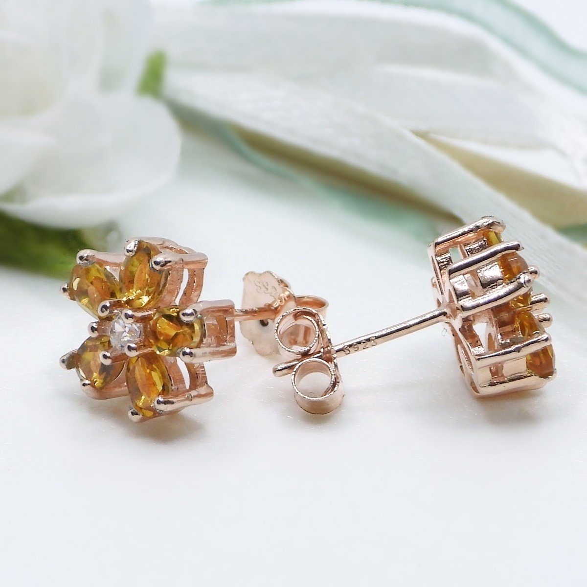 Goldene Ohrringe, Hufeisen Paar Ohrstecker Rosegold anlaufgeschützt Silber Edelsteine Citrin 925 Ohrstecker