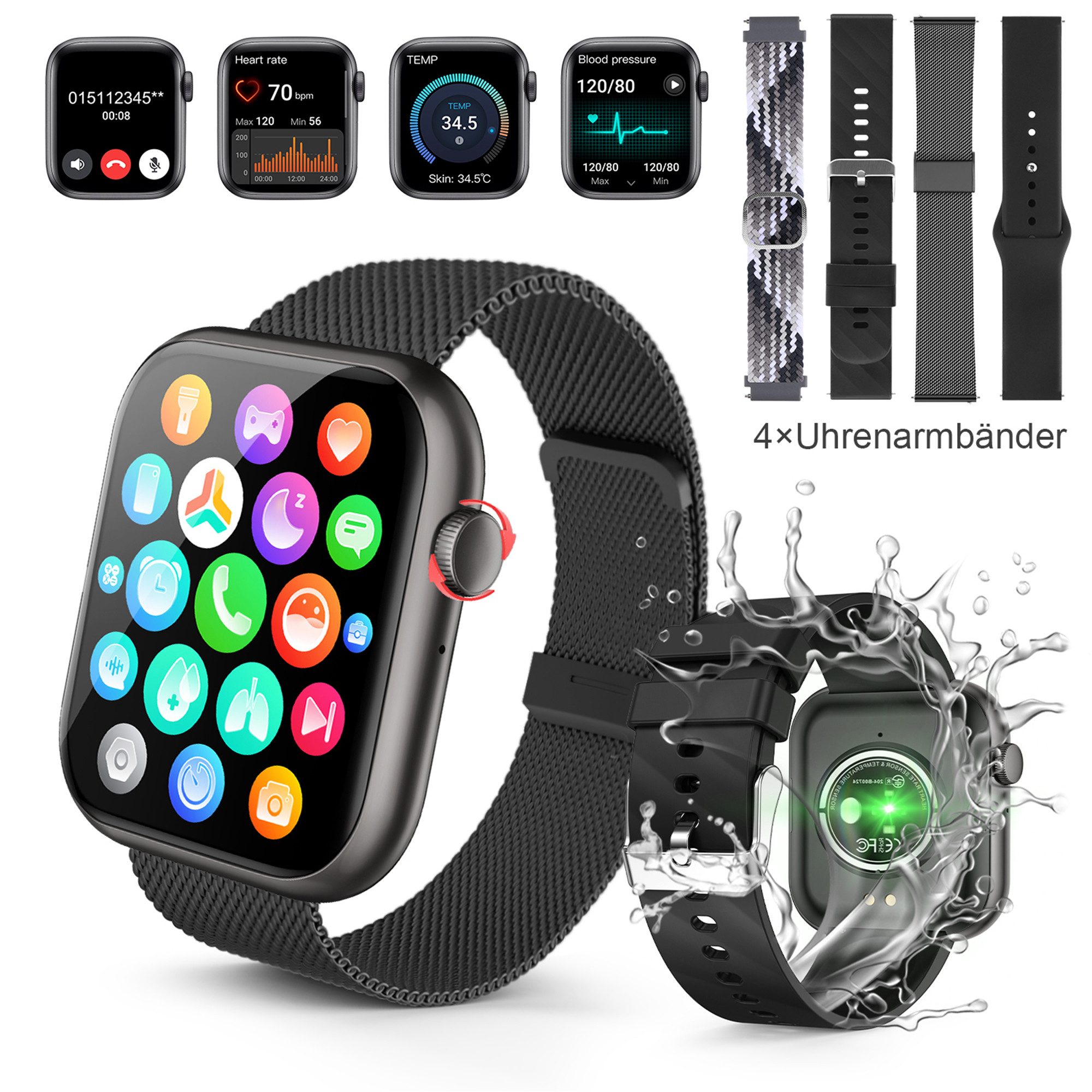 Smartwatch, Fitness Tracker uhr für Damen Herren mit Telefonfunktion Smartwatch