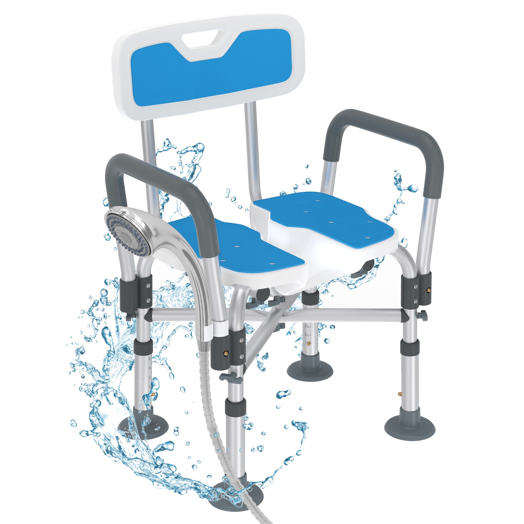 FIVMEN Duschhocker mit Hygieneausschnitt, Duschstuhl mit Rückenlehne Armlehnen belastbar, belastbar bis 180 kg, mit rutschfesten Fußpolstern, Höhenverstellbarer Duschsitz, Badestuhl