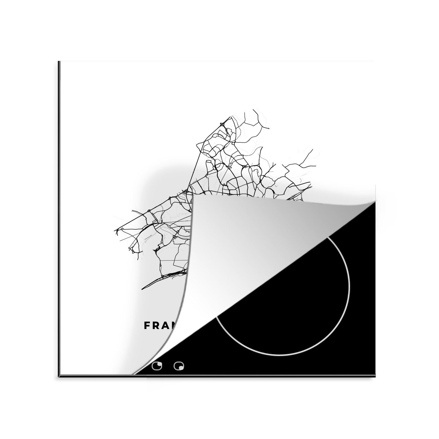 MuchoWow Herdblende-/Abdeckplatte Stadtplan - Schwarz-weiß - Karte - Frankfurt am Main - Deutschland, Vinyl, (1 tlg), 78x78 cm, Ceranfeldabdeckung, Arbeitsplatte für küche