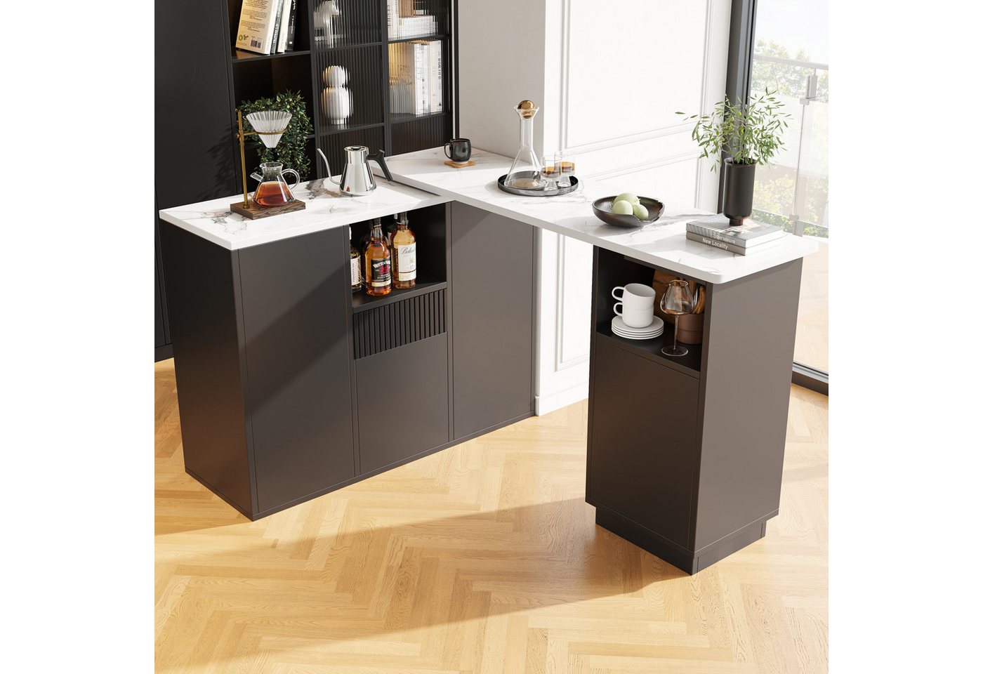 Ulife Bartisch mit Marmor-Arbeitsplatte und offenem Stauraum, 210x30x100,9 cm (1-St), Um 360° drehbarer Bartisch, multifunktionale Aufbewahrungsinsel