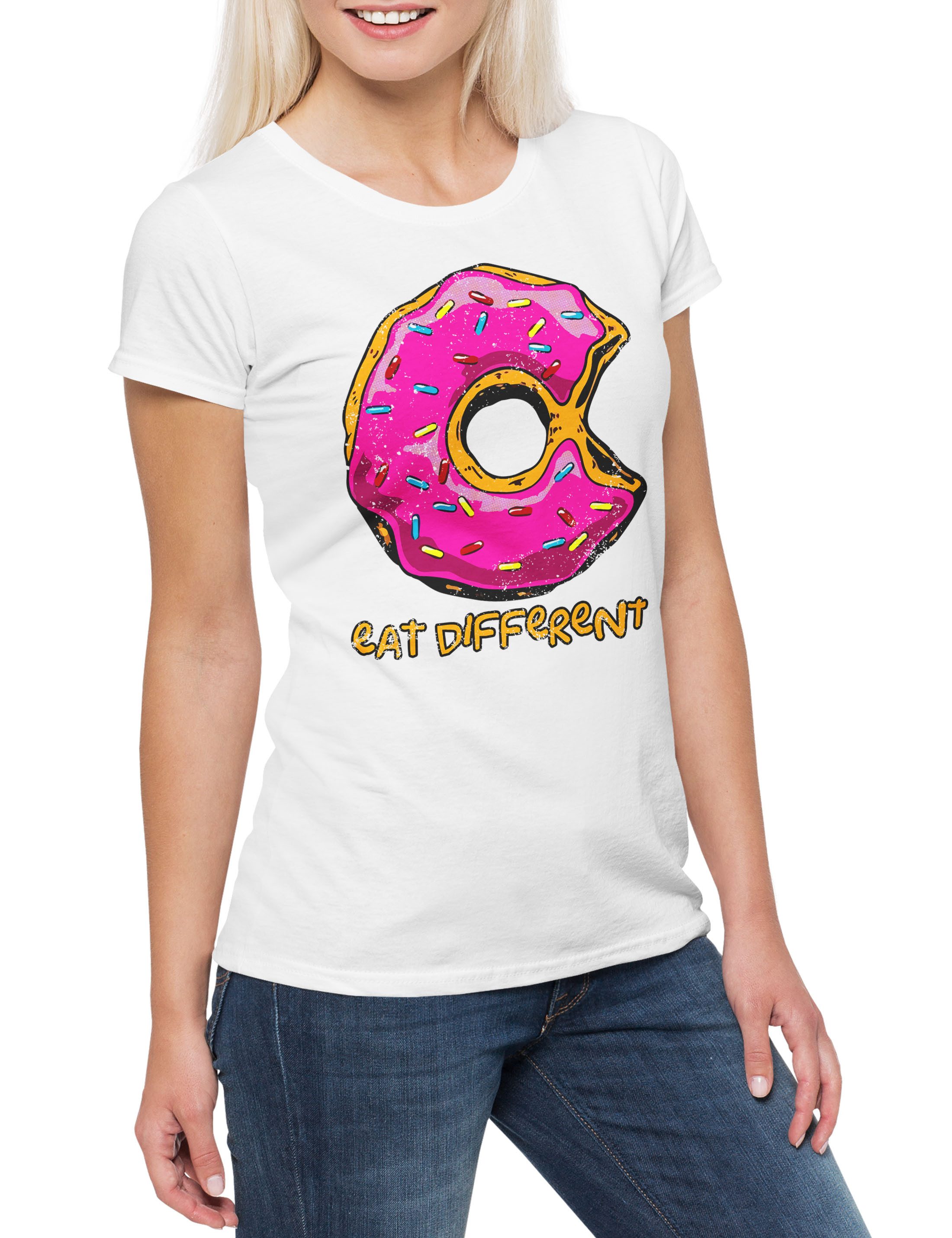 Print-Shirt Eat Different II Damen T-Shirt Donut Fun Computer Think Anders Denken