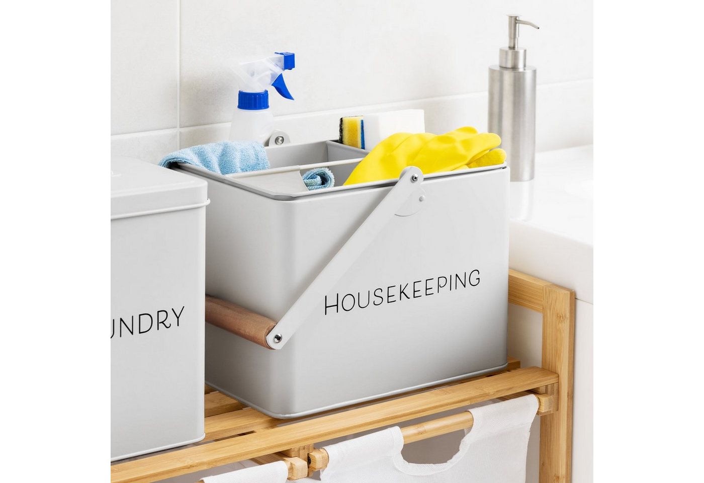 Thumbnail - Navaris Aufbewahrungsbox Housekeeping Box - 3 Fächer - Putzmittel Organizer - Vintage (1 St)