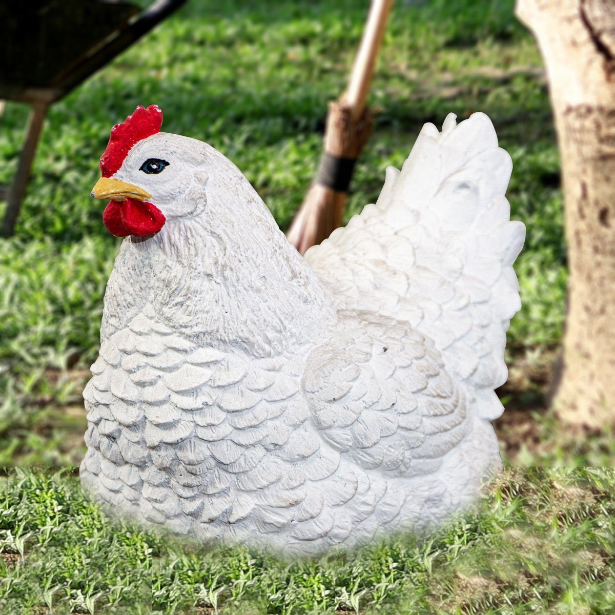 Antikas Gartenfigur Sitzende Huhnskulptur, Weiß, Tierfigur, Garten