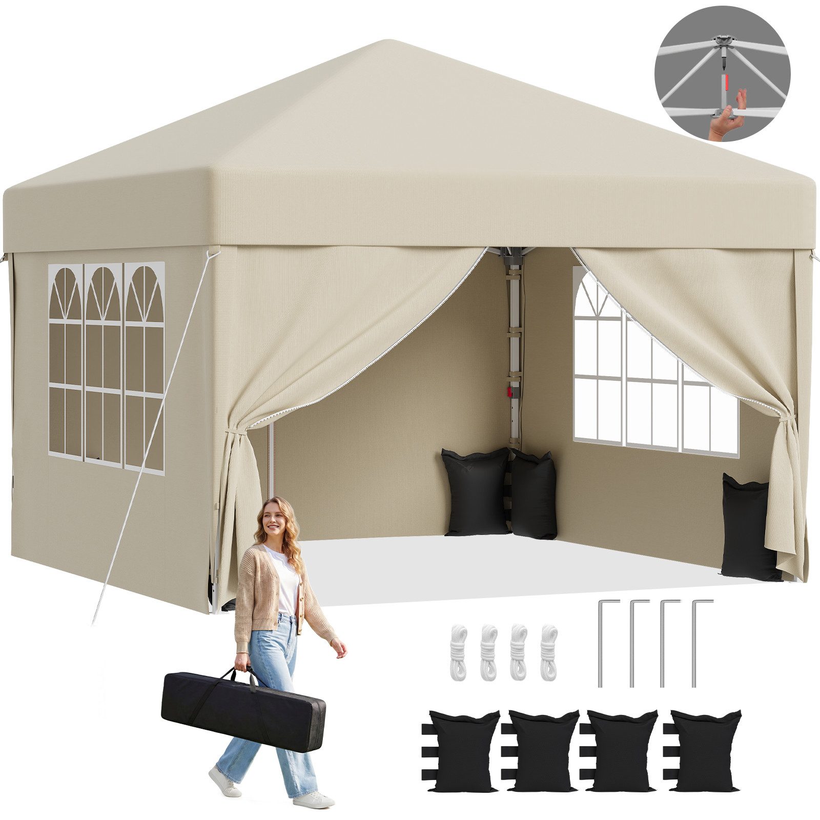 GUNJI Faltpavillon Pop Up Partyzelt 3*3/3*6m Gartenpavillon winterfest und wasserdicht, mit 4 Seitenteilen, 4 Sandsäcke, für Garten Camping