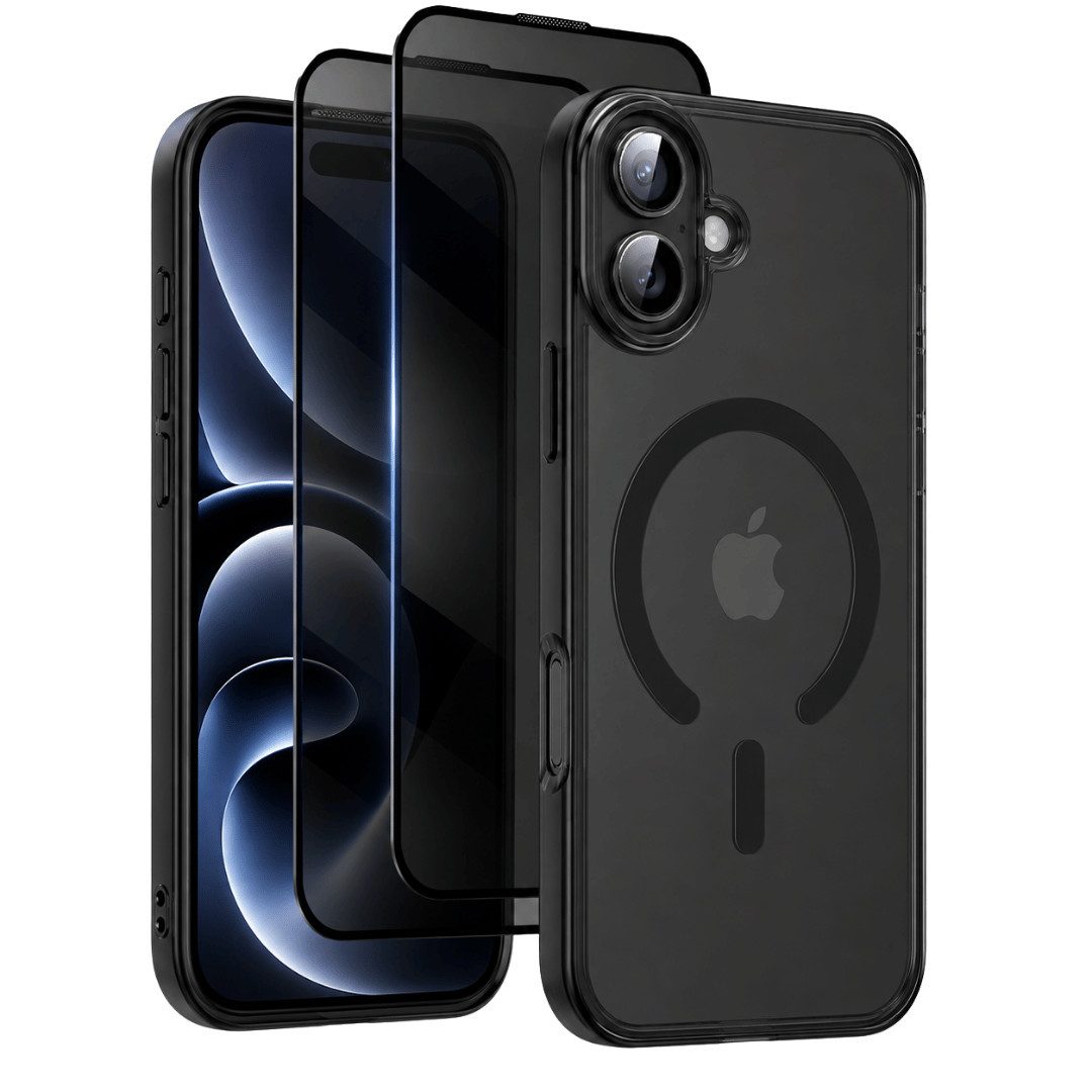 SmartUP Smartphone-Hülle + 2X Schutzglas für iPhone 16 - Panzerfolie Privacy MagSafe Case 9H 6,3, MagSafe-Technologie, integrierter Kameraschutz