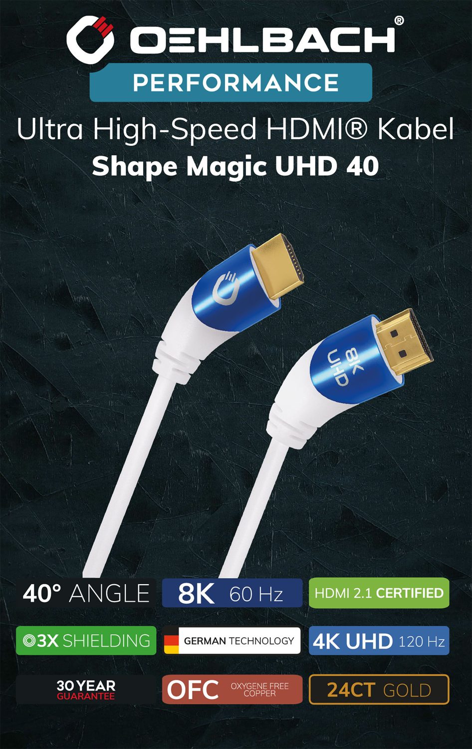 OEHLBACH Shape Magic UHD 40 Ultra High-Speed HDMI® Kabel mit 40° Stecker HDMI-Kabel, HDMI, HDMI (200 cm), 8K/4K, Winkelstecker
