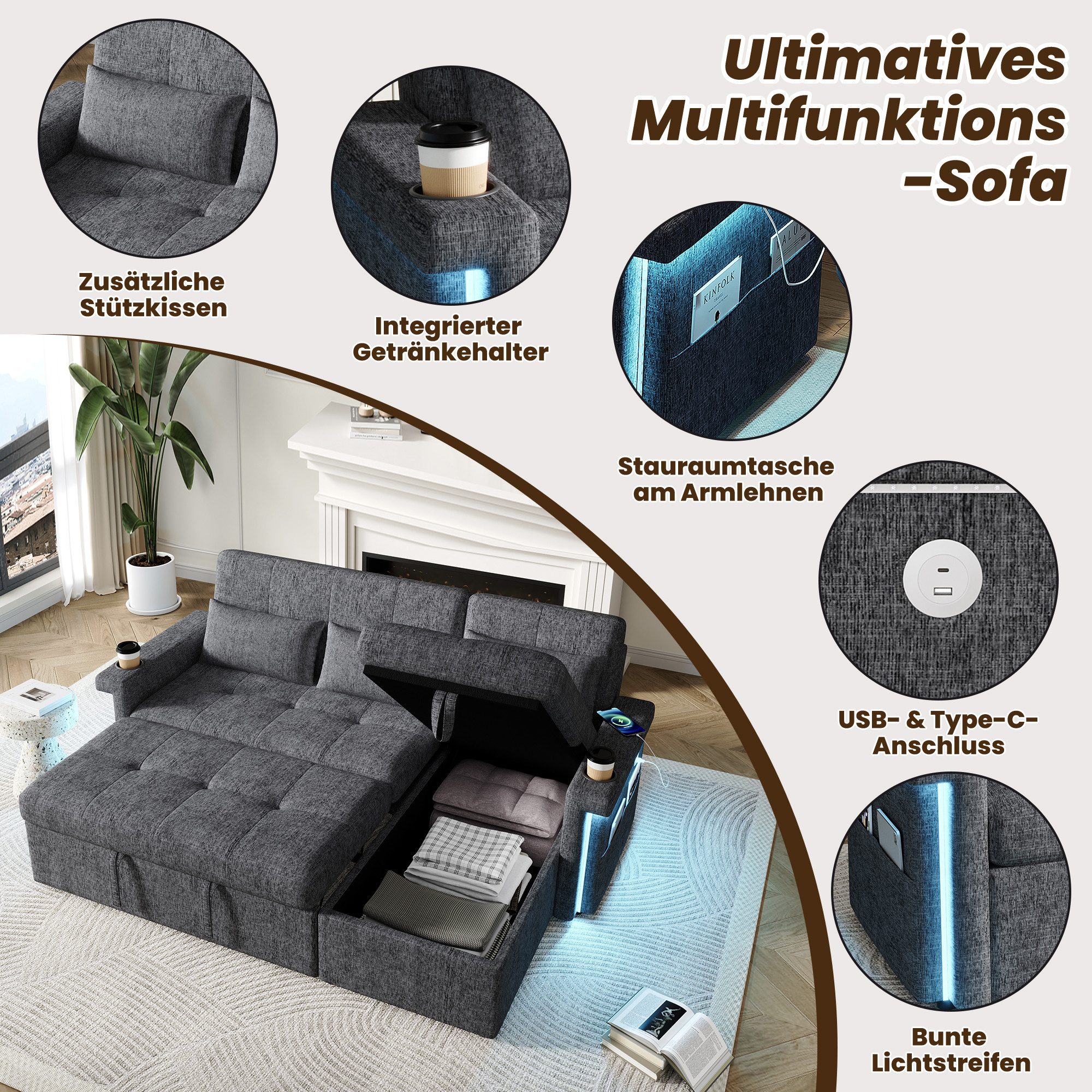 i@home Schlafsofa L-förmiges Ecksofa, Beige/Grau, mit LED-Beleuchtung und U günstig online kaufen