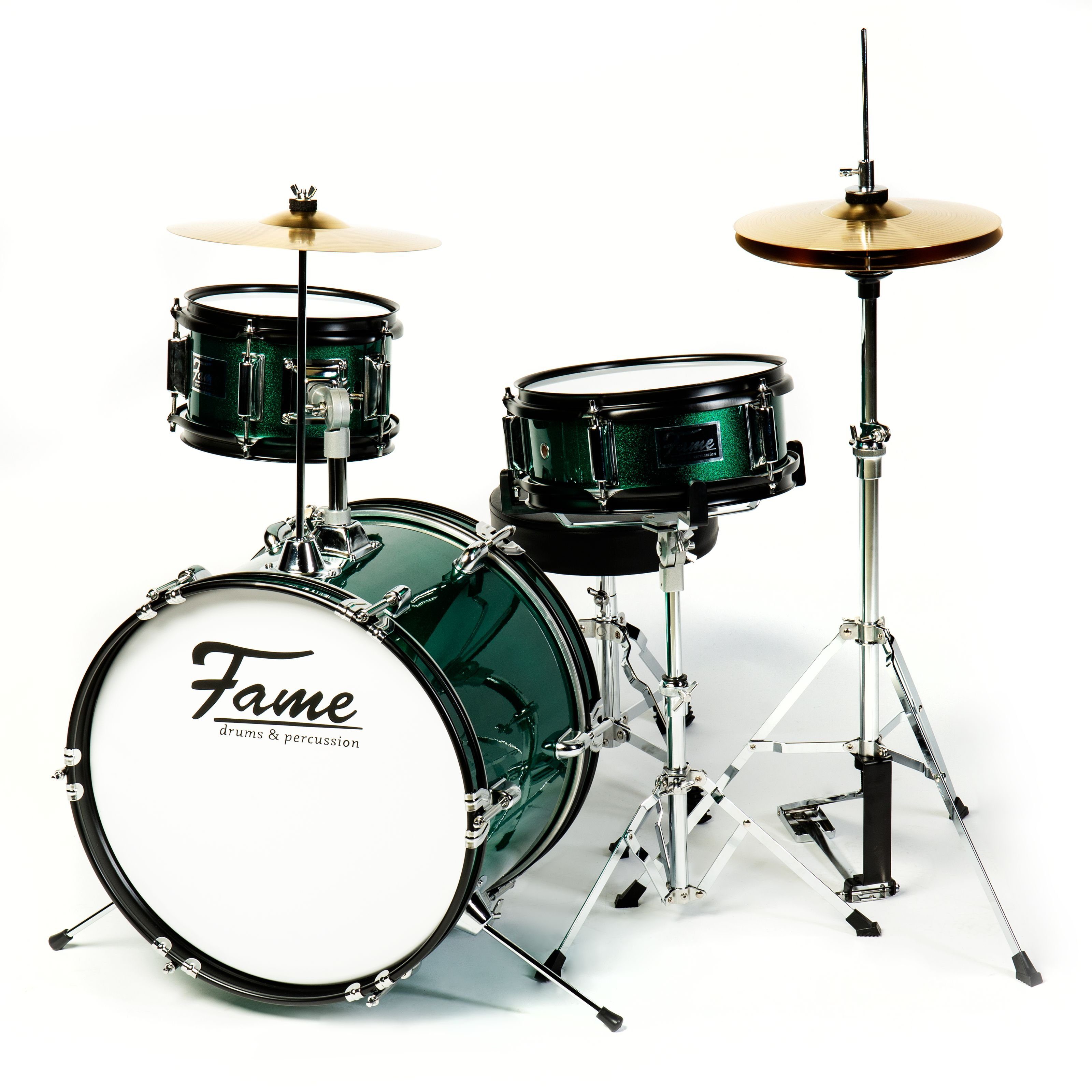 FAME Schlagzeug,3 PC Junior Drumset Green Kinderschlagzeug mit Bass Drum Tom Snare Hardware und Hocker von 3 -9 Jahren mit Zubehör und Drumsticks, Schlagzeuge, Drum-Sets, Kinderschlagzeug, Junior Drumset, 3 PC Junior Drumset Green