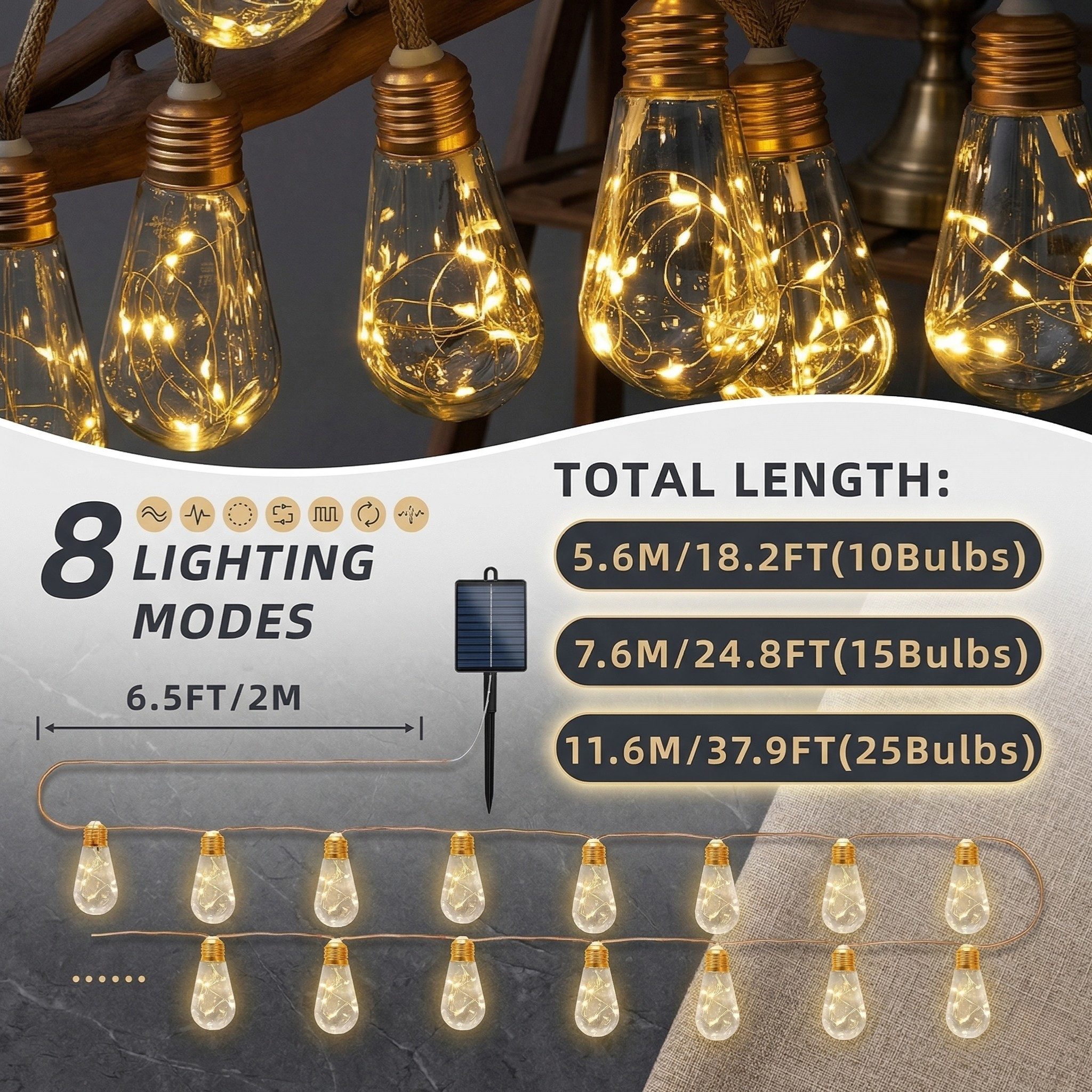 HS.SUPPLY LED-Lichterkette Solar LED-Lichterkette warmweiß wetterfest 8 Modi Outdoor, Solarbetrieben, 8 Lichtmodi, warmweiß, wetterfest, bruchsicher