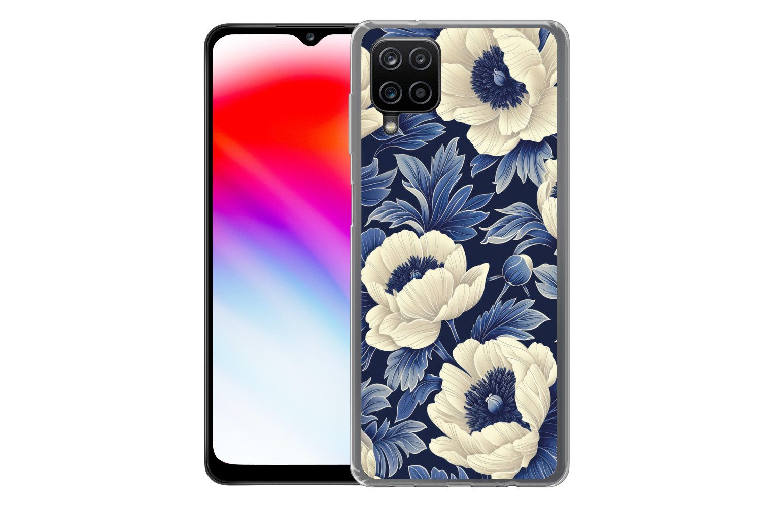 MuchoWow Handyhülle für Samsung Galaxy A12 Blumen - Muster - Blau - Weiß, Smartphone-Bumper, Print, Handy Schutzhülle Dünn