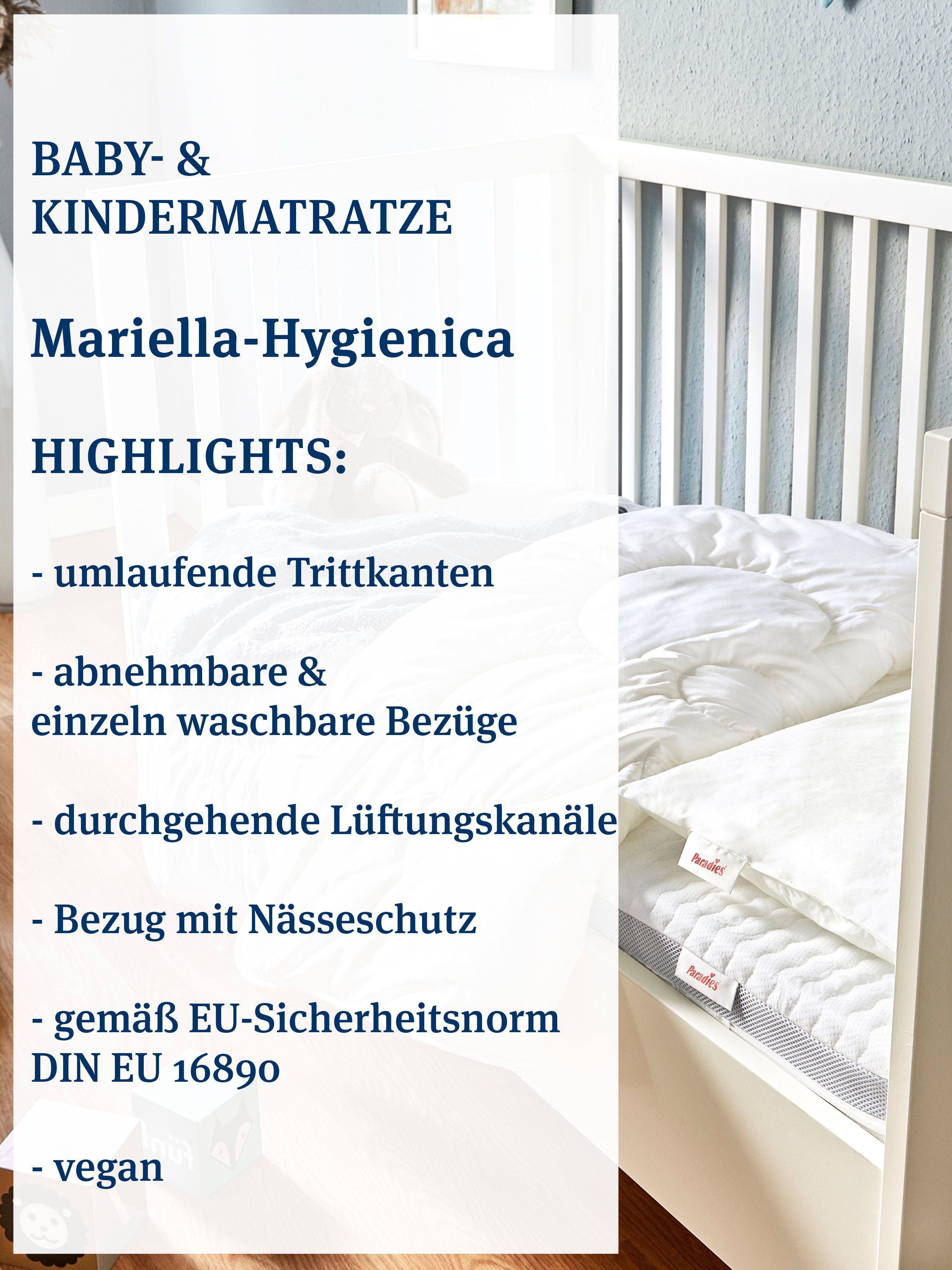 Babymatratze Mariella-Hygienica®, Paradies, 9.5 cm hoch, vegan, Testsieger  Note "gut", Gemäß EU-Sicherheitsnorm DIN EN 16890 / EN 597-1