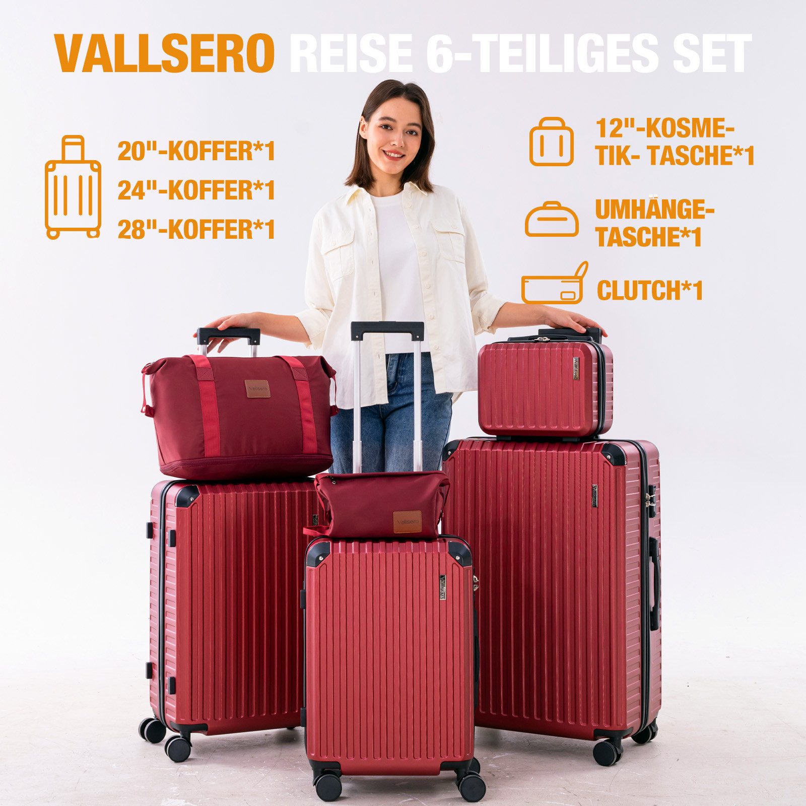 VALLSERO Trolleyset LG2 Hartschalen-Koffer set (S,M,L,XL) Rollkoffer, Reisekoffer, (Hartschalen Trolley 6-teiliges-set), Handgepäck 4 Rollen, ABS-Material, TSA Zollschloss, 6-teiliges Set