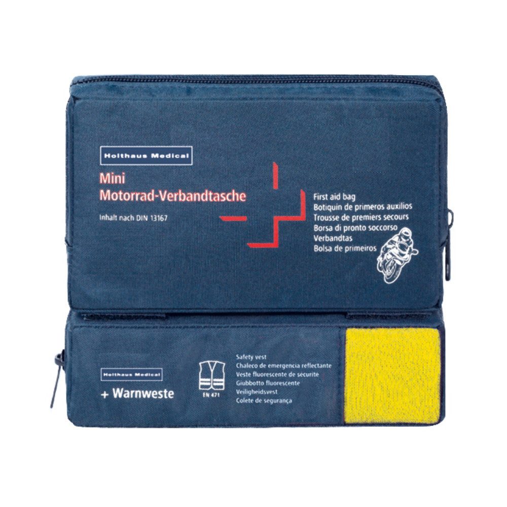 Holthaus Medical KFZ-Verbandtasche Mini Motorrad Verbandtasche, Inhalt nach DIN 13 167 + Warnweste -