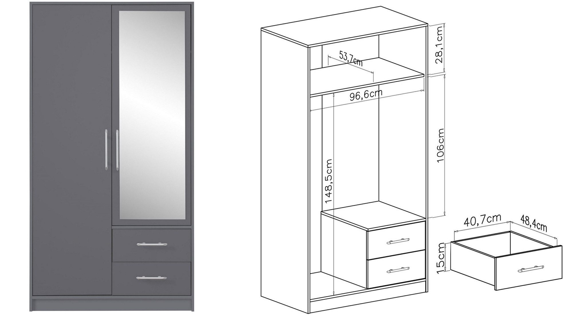Marmex Möbel Spiegelschrank SMART 3+Spiegel zweitüriger Garderobenschrank 100 x 190 x 56 Kleiderstange, Schubladen, Spiegel, Kleiderschrank