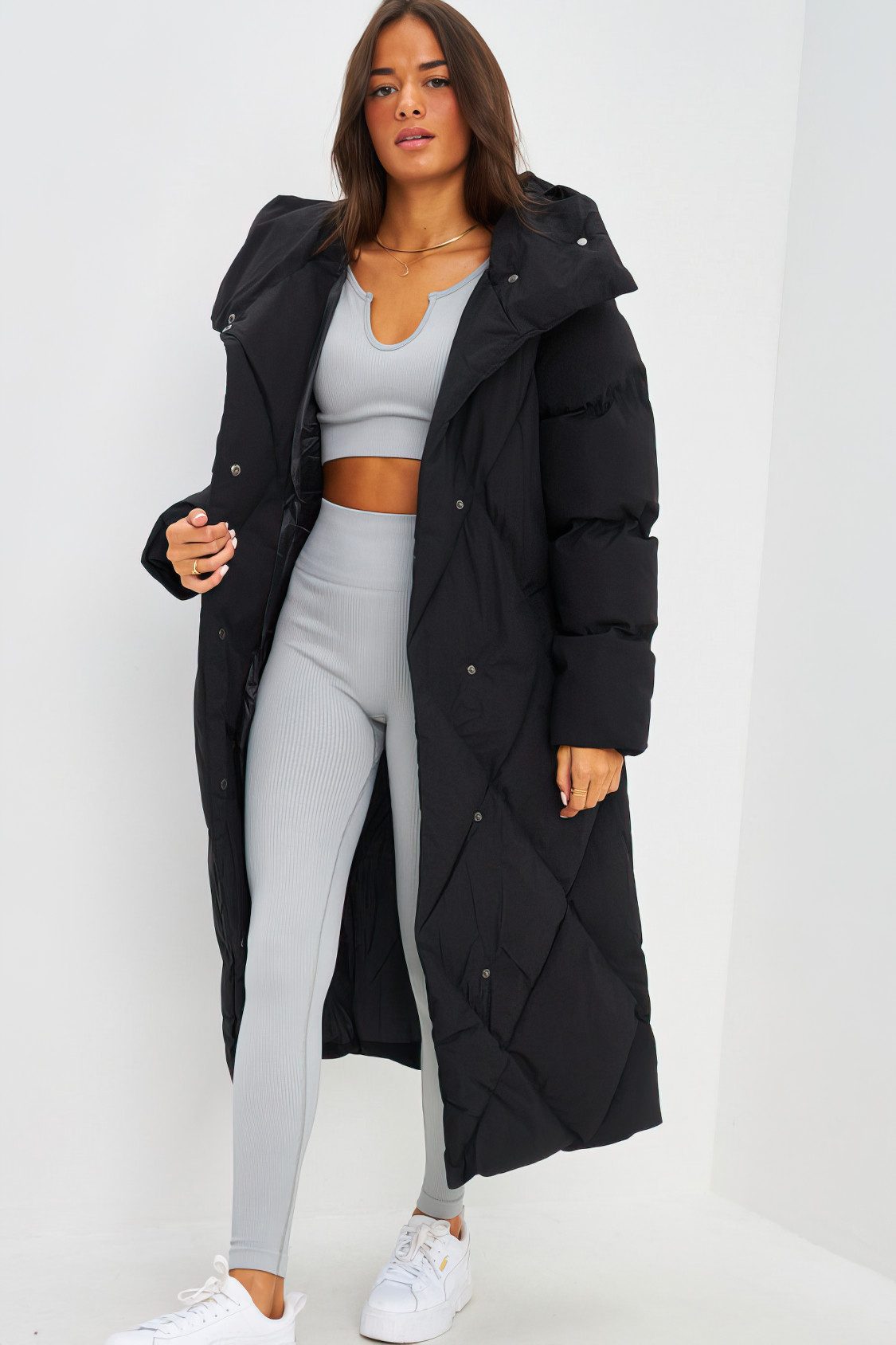 Copperose Parka 7519 Oversize Winterparka Steppmantel Parka mit Knopfleiste Taillengürtel knöchellanger Mantel mit großem Kragen