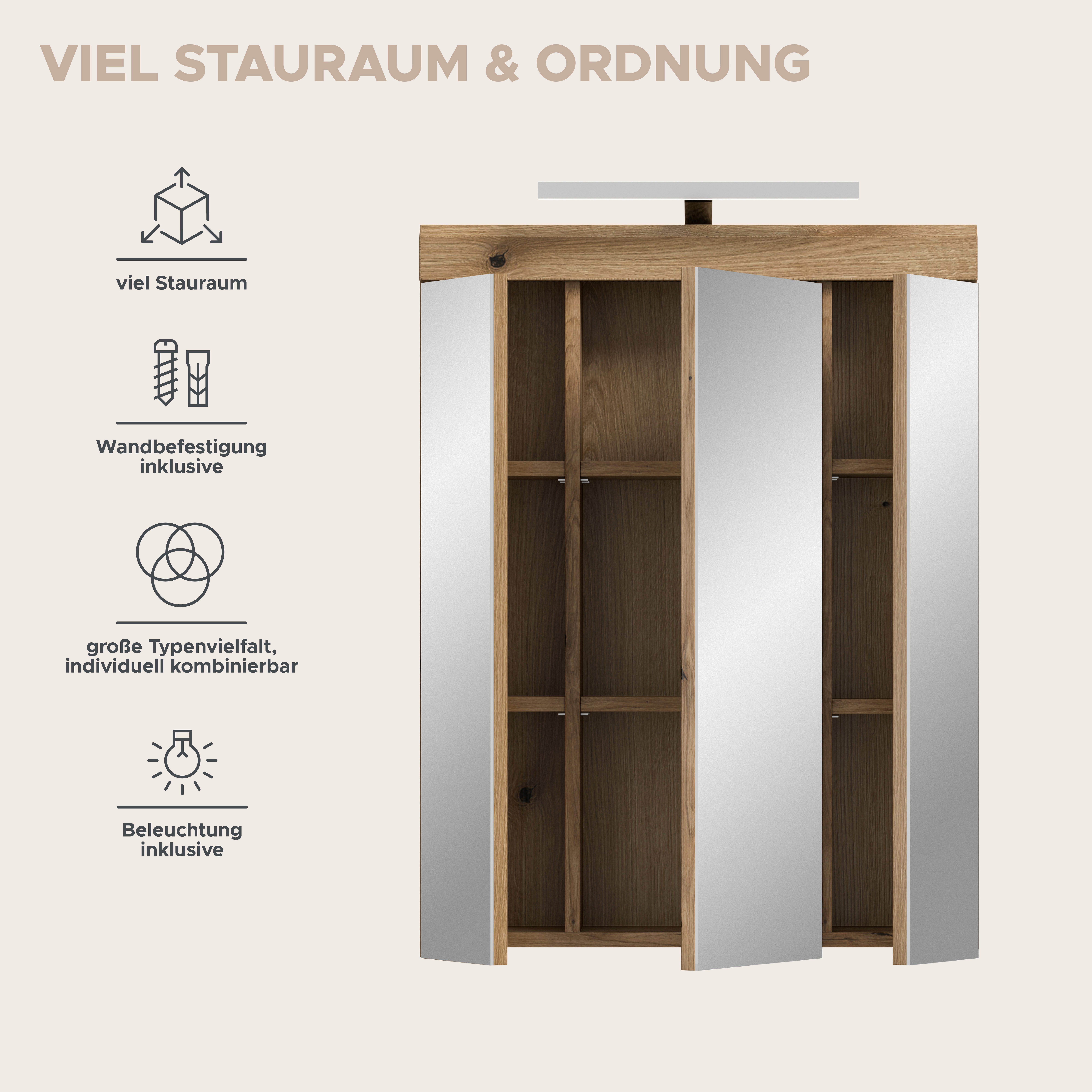 welltime Badezimmerspiegelschrank SIENA, Breite 60cm, inkl. Beleuchtung, 3 Spiegeltüren, 9 Fächer (Set, TOPSELLER) in verschiedenen Farben erhältlich, Badmöbel, – Bild 5 von 5