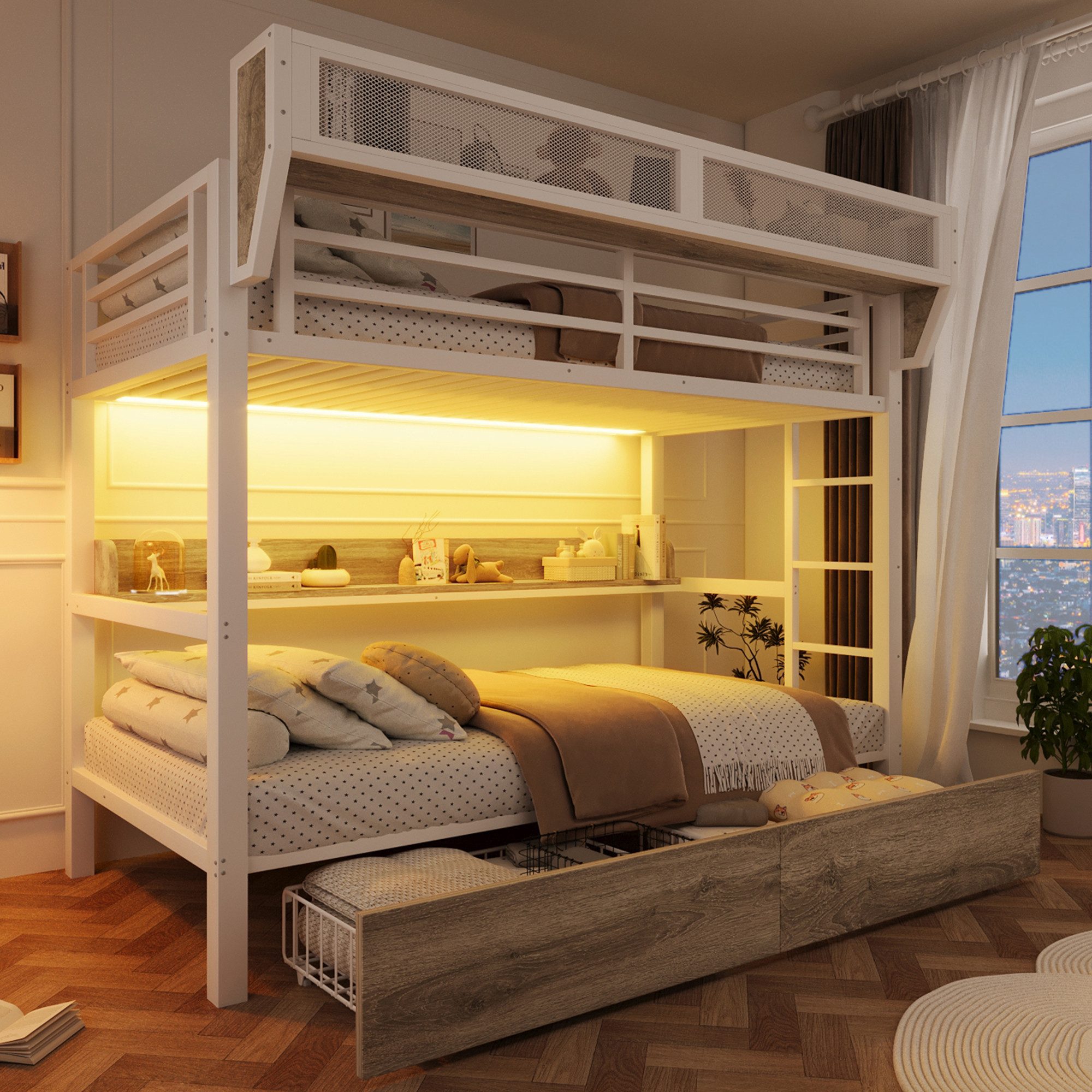 REDOM Etagenbett mit LED-Licht und Stauraum, Metallbett mit Schubladen & Regal (mit Aufbewahrungskorb, Kinderbett Metallbett, Jugendbett 90x200 cm), ohne Matratze