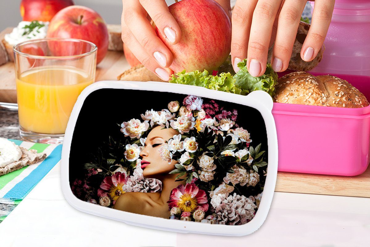 Kunststoff, rosa Kinder, Frauen Blumen Snackbox, - für MuchoWow Kunststoff Brotbox - Rosen Mädchen, Erwachsene, - Lunchbox Porträt, (2-tlg), Brotdose