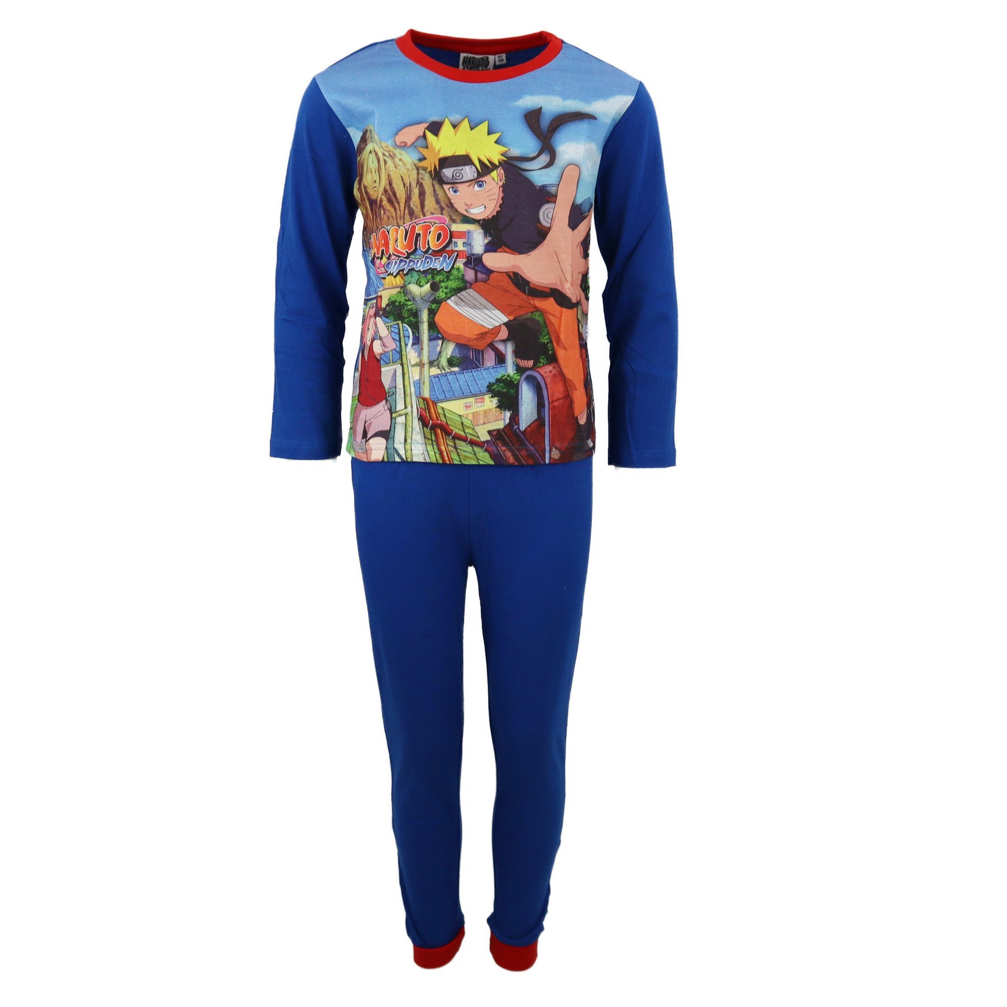 Naruto Schlafanzug Shippuden Jungen langarm Kinder Pyjama Gr. 116 bis 152, Baumwolle Hellblau | Pyjamas