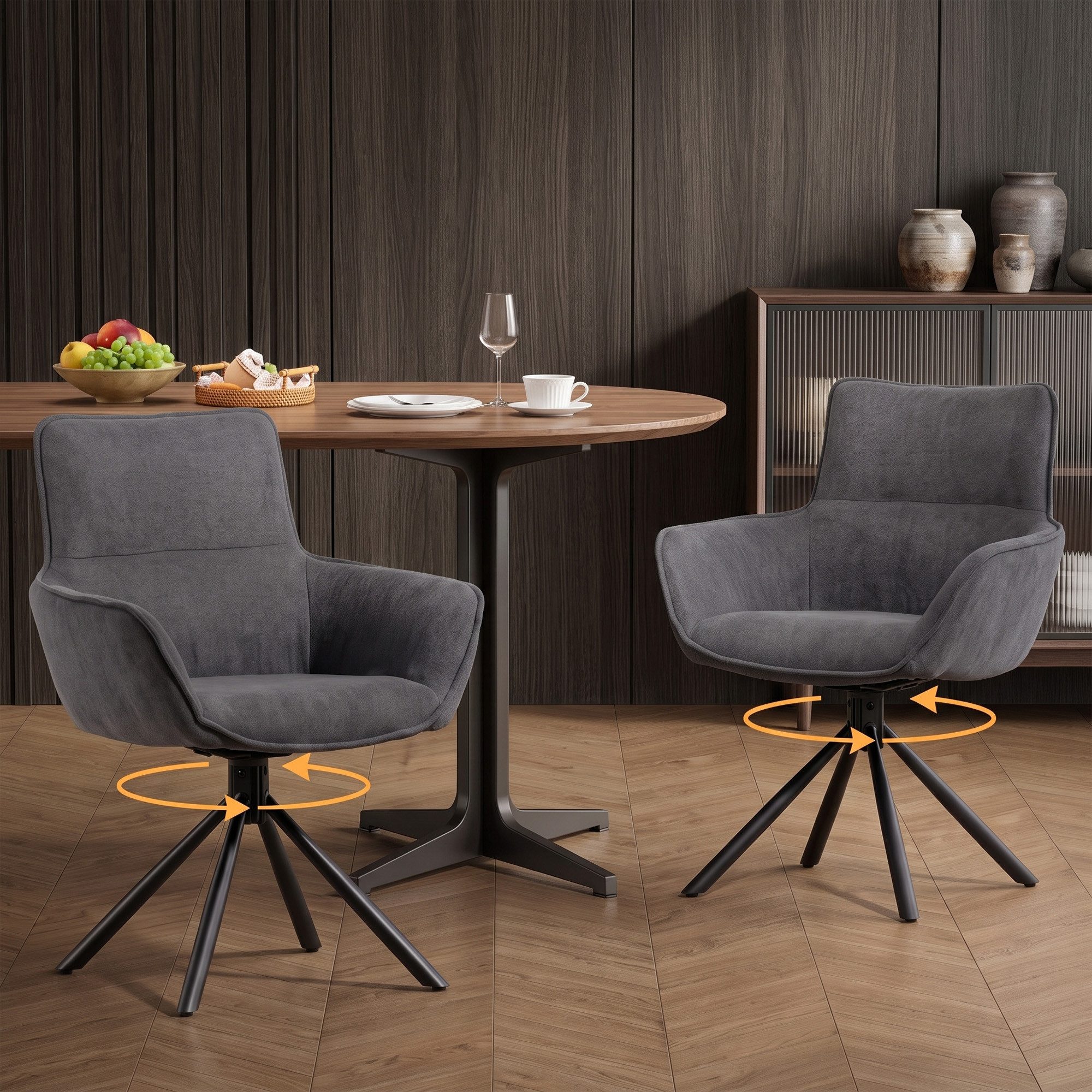 HOMCOM Esszimmerstuhl Sessel mit Armlehne, Metallbeine, Loungesessel, Polsterstuhl (Küchenstuhl, 2 St), drehbar, Dunkelgrau