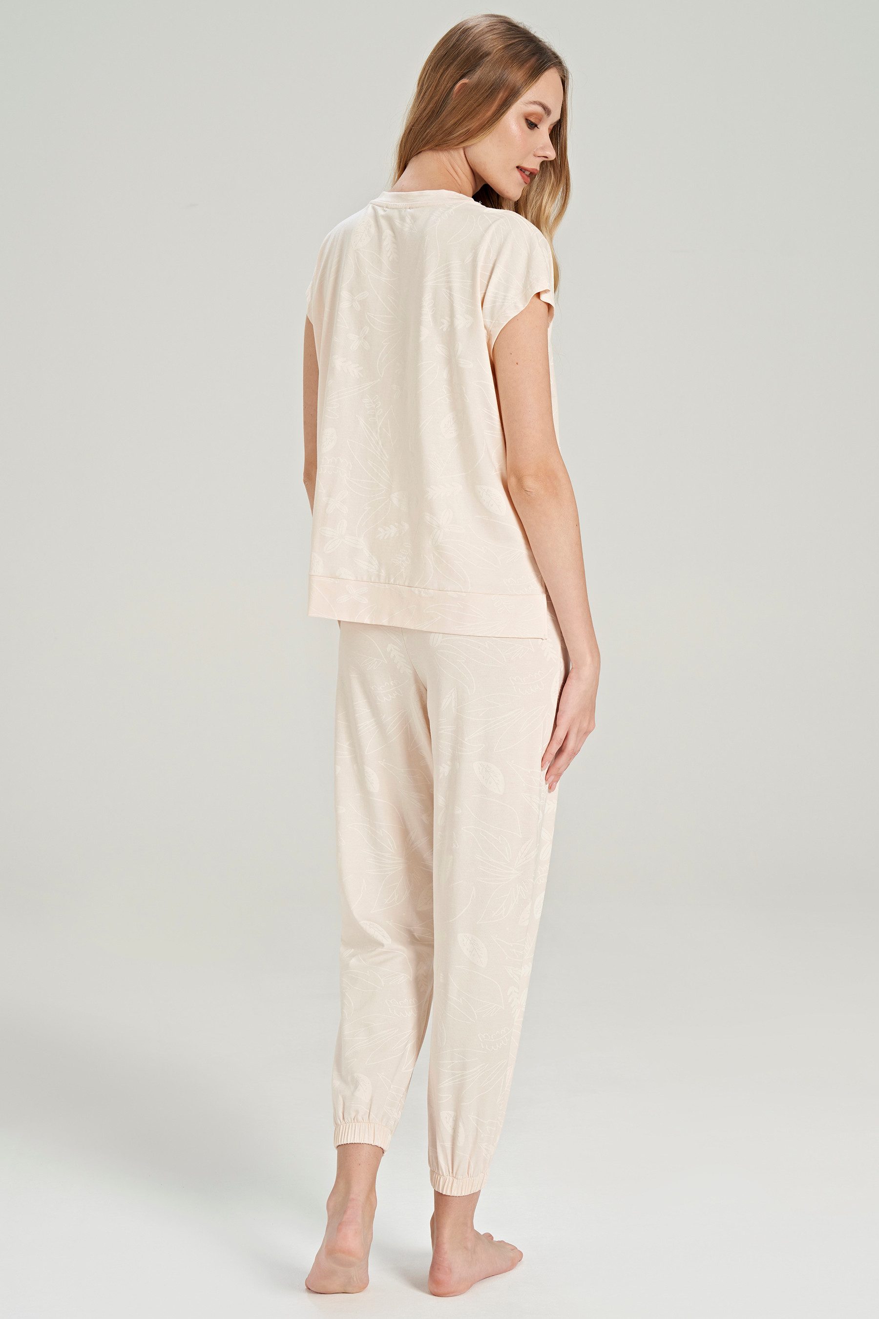 FEYZA Capri-Pyjama Damen Baumwoll-Pyjama-Set mit Blattmuster – 2-teilig, Beige