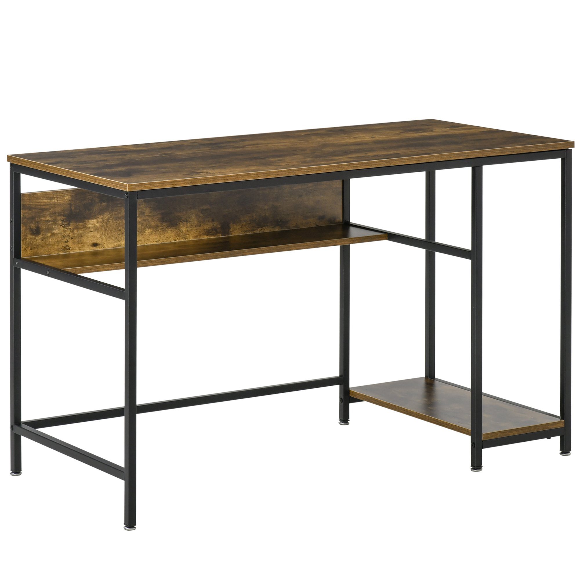 HOMCOM Computertisch Schreibtisch Bürotisch Home Office mit Ablagen (PC Tisch, 1-St., Arbeitstisch), Rustikal-Braun Metall 120 x 60 x 75 cm
