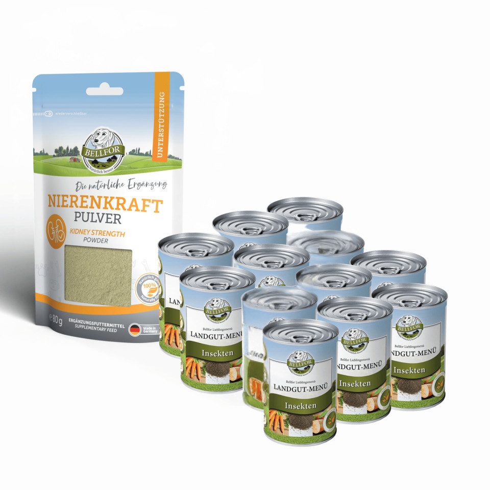 Bellfor Hundefutter Nass Set: Landgut-Menü 12x400g + Nierenkraft Pulver 80g, Nassfutter für: Hunde, mit Insekten, getreidefrei, 2-teilig