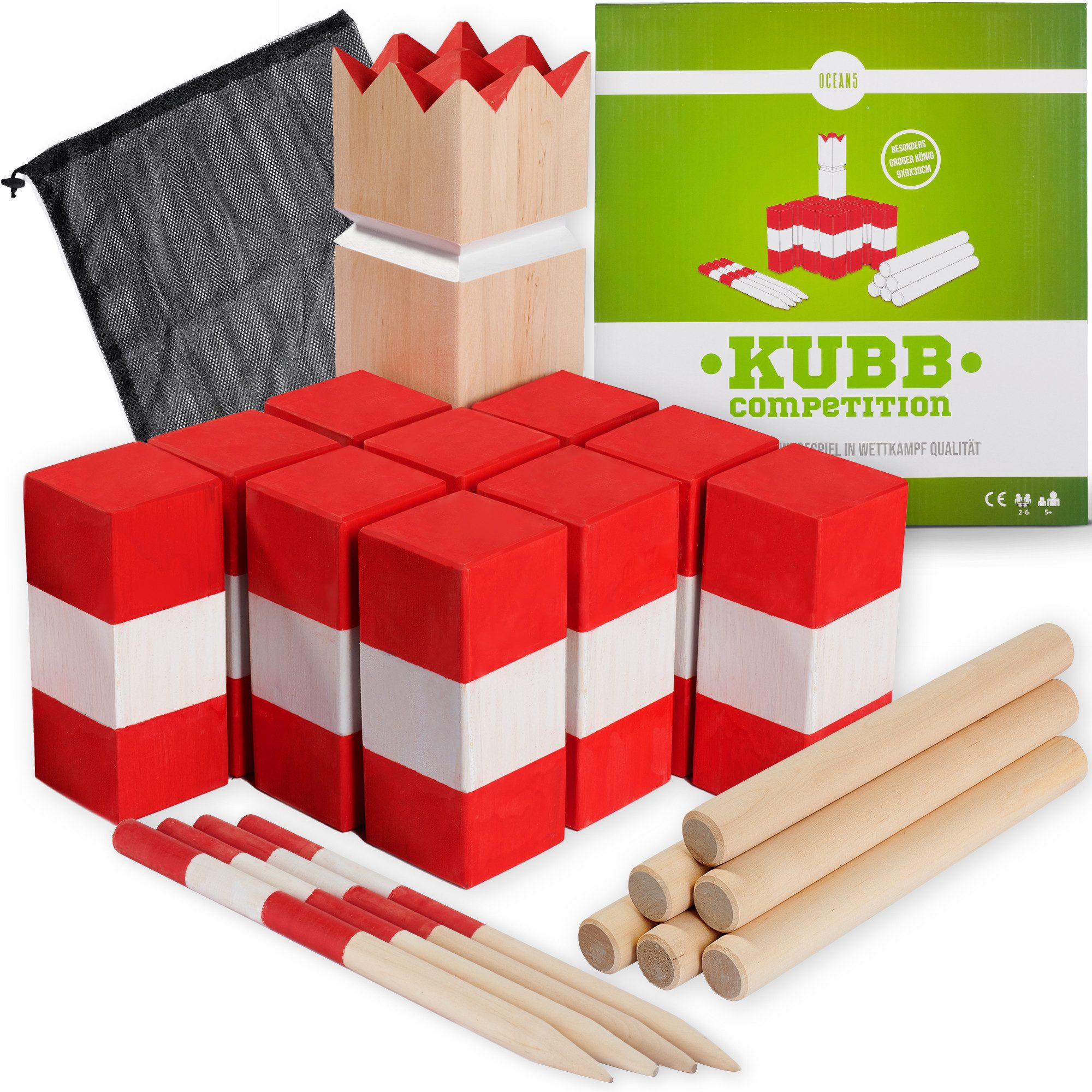 Ocean5 Spielzeug-Gartenset Kubb Original Wikinger Wurfspiel aus Holz, Outdoor Schwedenschach im Stoffbeutel mit massiven Figuren