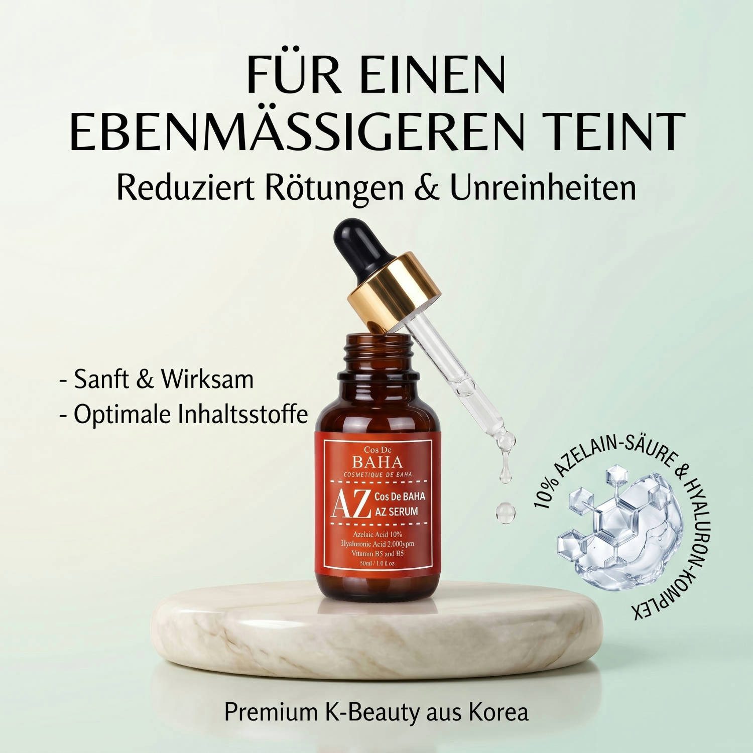 Cos de BAHA Gesichtsserum Azelaic Acid 10% Serum 30 ml – Korean K-Beauty Serum mit Azelaic Acid 10%, Niacinamide, Panthenol, Hyaluron – 10% Azelainsäure in einer, minimalen, parfümfreien K-Beauty-Formel für ein sichtbar klareres