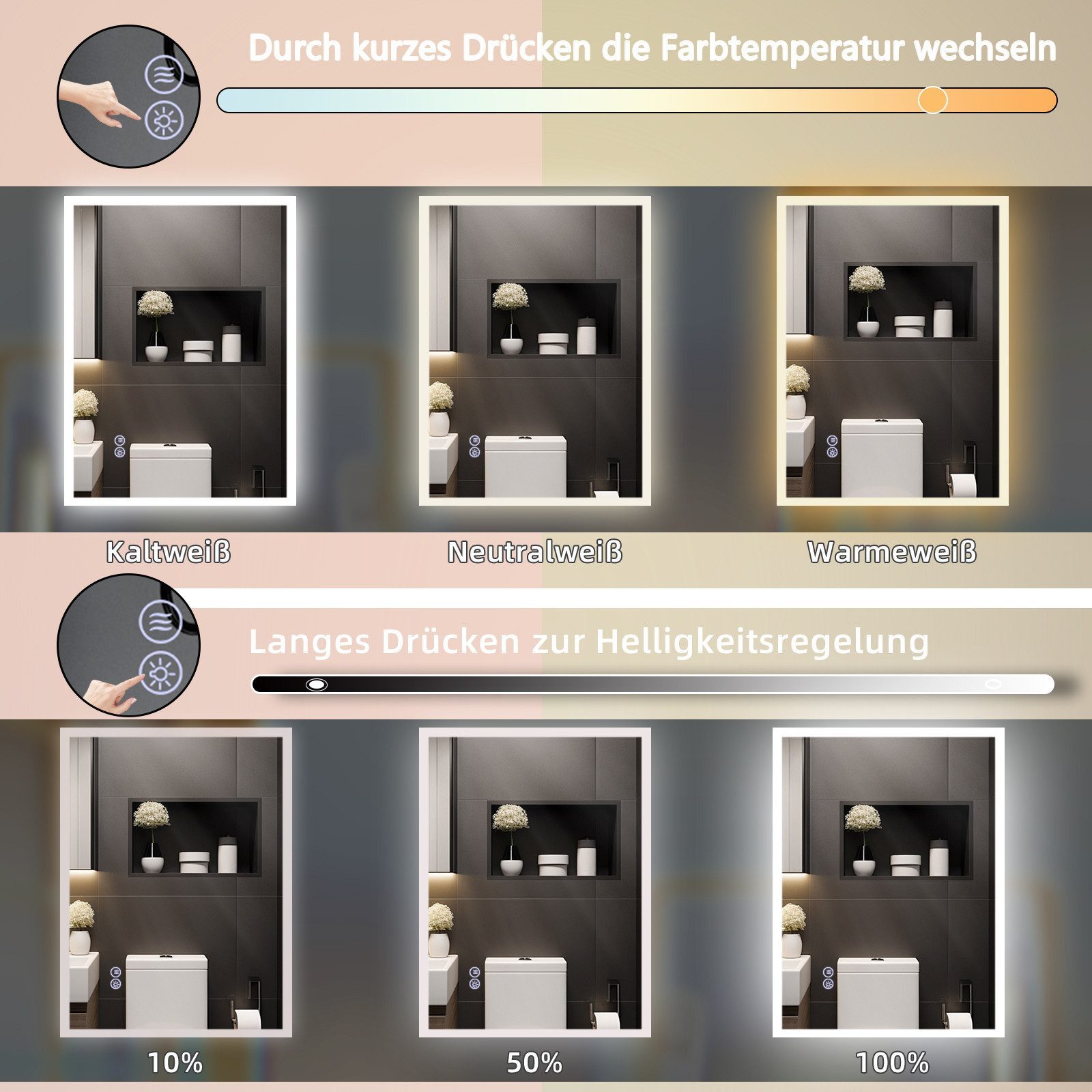 Nettlife Badspiegel spiegel mit Beleuchtung Rund 60cm, zimmerspiegel mit Touch-Schalter und Entfogger-Funktion – Bild 2 von 5